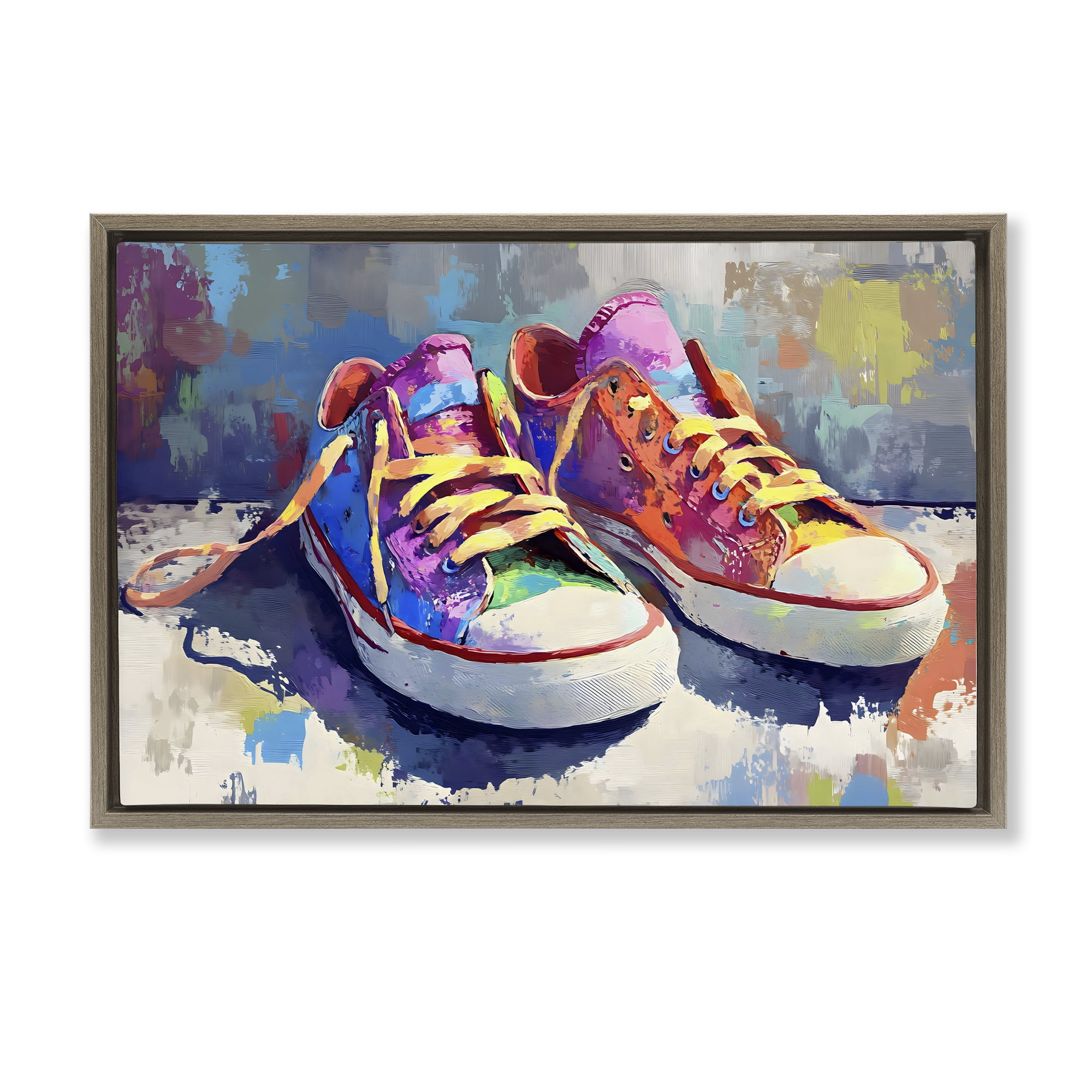 Stupell Industries Colorful Low Top Sneakers Brown Framed Floater Canvas Wall Art, design by Creative Studio