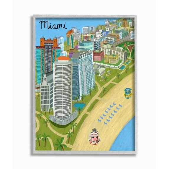 Stupell Industries Colorful Miami City Beach Landmarks Florida Architecture Framed Wall Art Design by Carla Daly, 16" x 20", Gray Framed