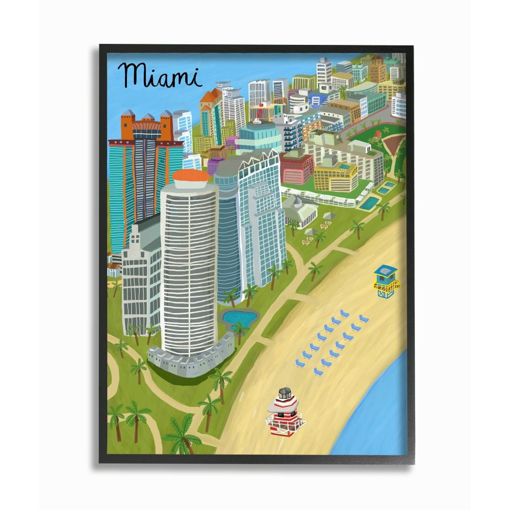 Stupell Industries Colorful Miami City Beach Landmarks Florida Architecture Framed Wall Art Design by Carla Daly, 24" x 30", Black Framed