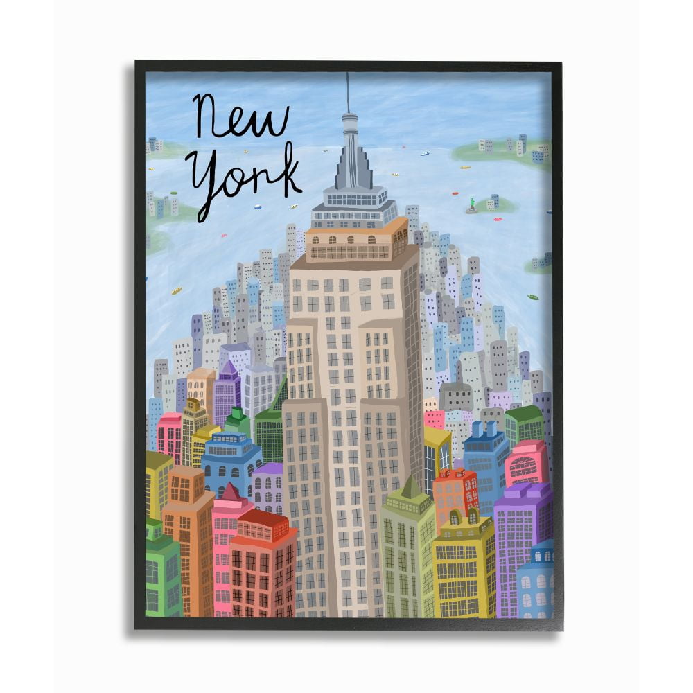 Stupell Industries Colorful New York City Skyline Landmark Architecture Framed Wall Art Design by Carla Daly, 11" x 14", Black Framed