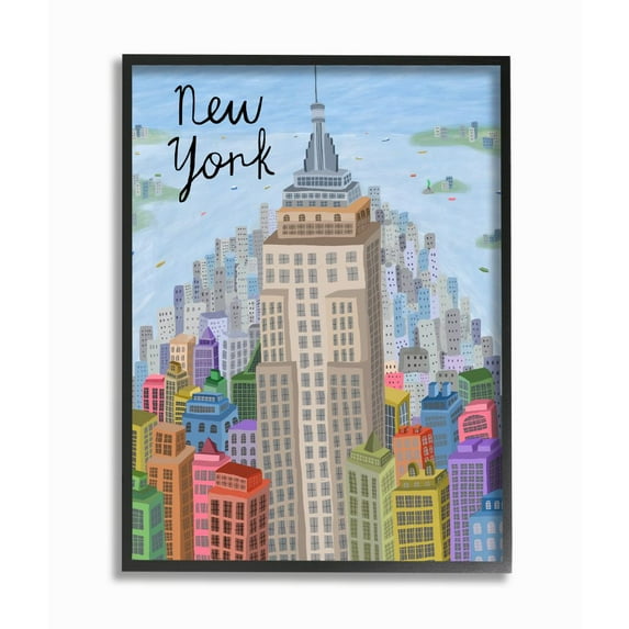 Stupell Industries Colorful New York City Skyline Landmark Architecture Framed Wall Art Design by Carla Daly, 16" x 20", Black Framed