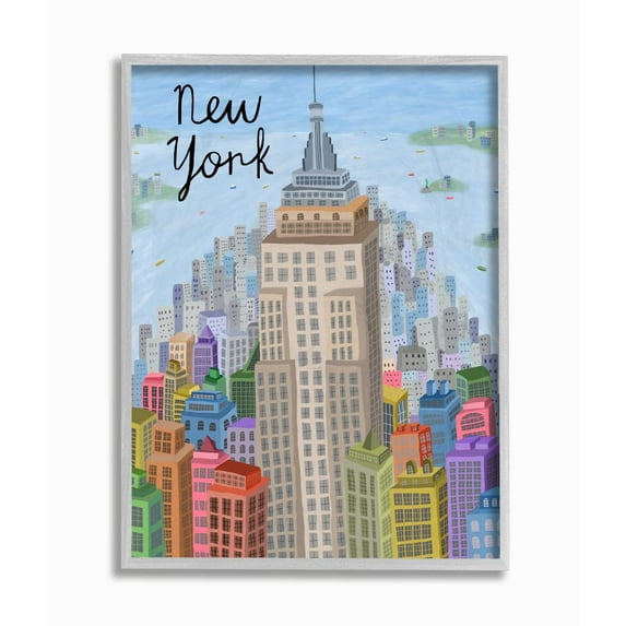 Stupell Industries Colorful New York City Skyline Landmark Architecture Framed Wall Art Design by Carla Daly, 16" x 20", Gray Framed