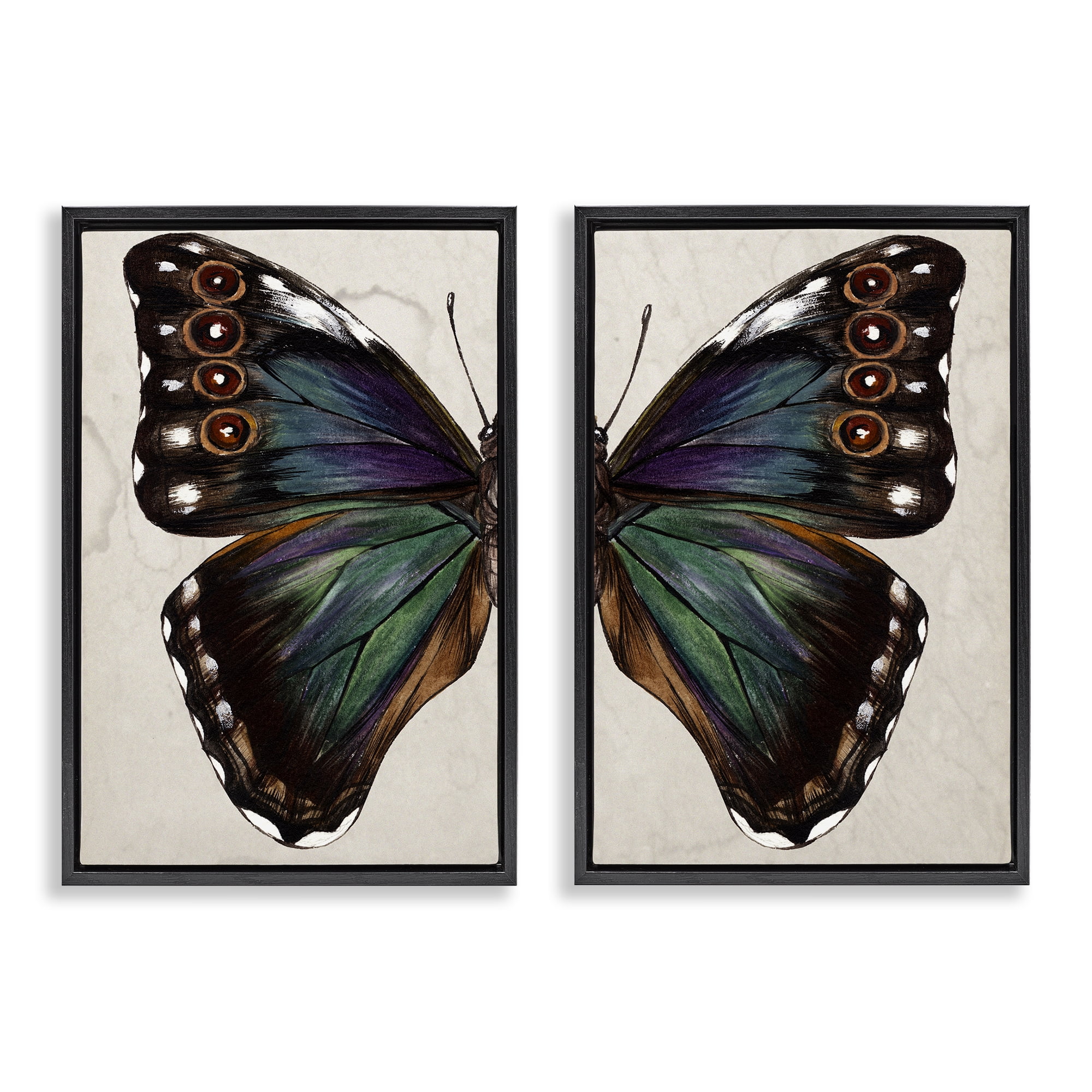 Stupell Industries Colorful Purple Green Butterfly Animals Painting Black Floater Framed Canvas Art Print Wall Art, 17 x 25, Set of 2