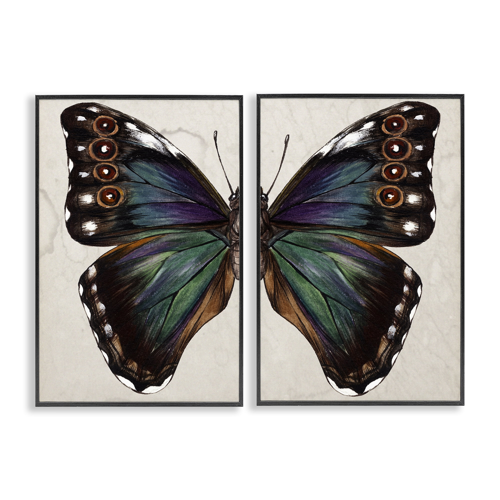 Stupell Industries Colorful Purple Green Butterfly Animals Painting Black Framed Art Print Wall Art, 12 x 18, Set of 2