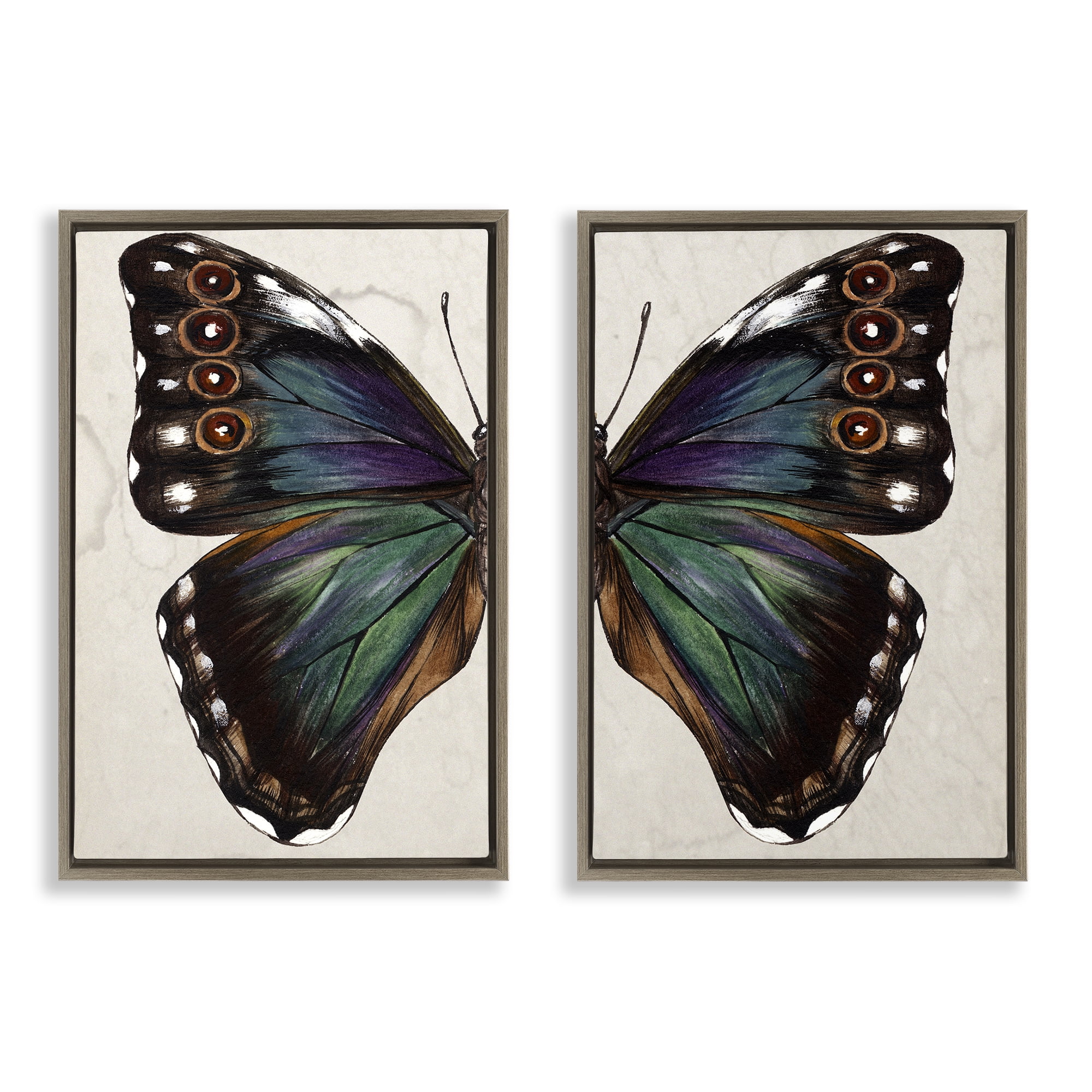 Stupell Industries Colorful Purple Green Butterfly Animals Painting Brown Floater Framed Canvas Art Print Wall Art, 17 x 25, Set of 2