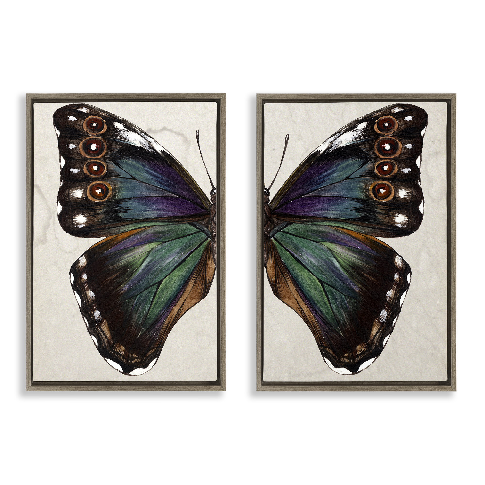 Stupell Industries Colorful Purple Green Butterfly Animals Painting Brown Floater Framed Canvas Art Print Wall Art, 21 x 31, Set of 2