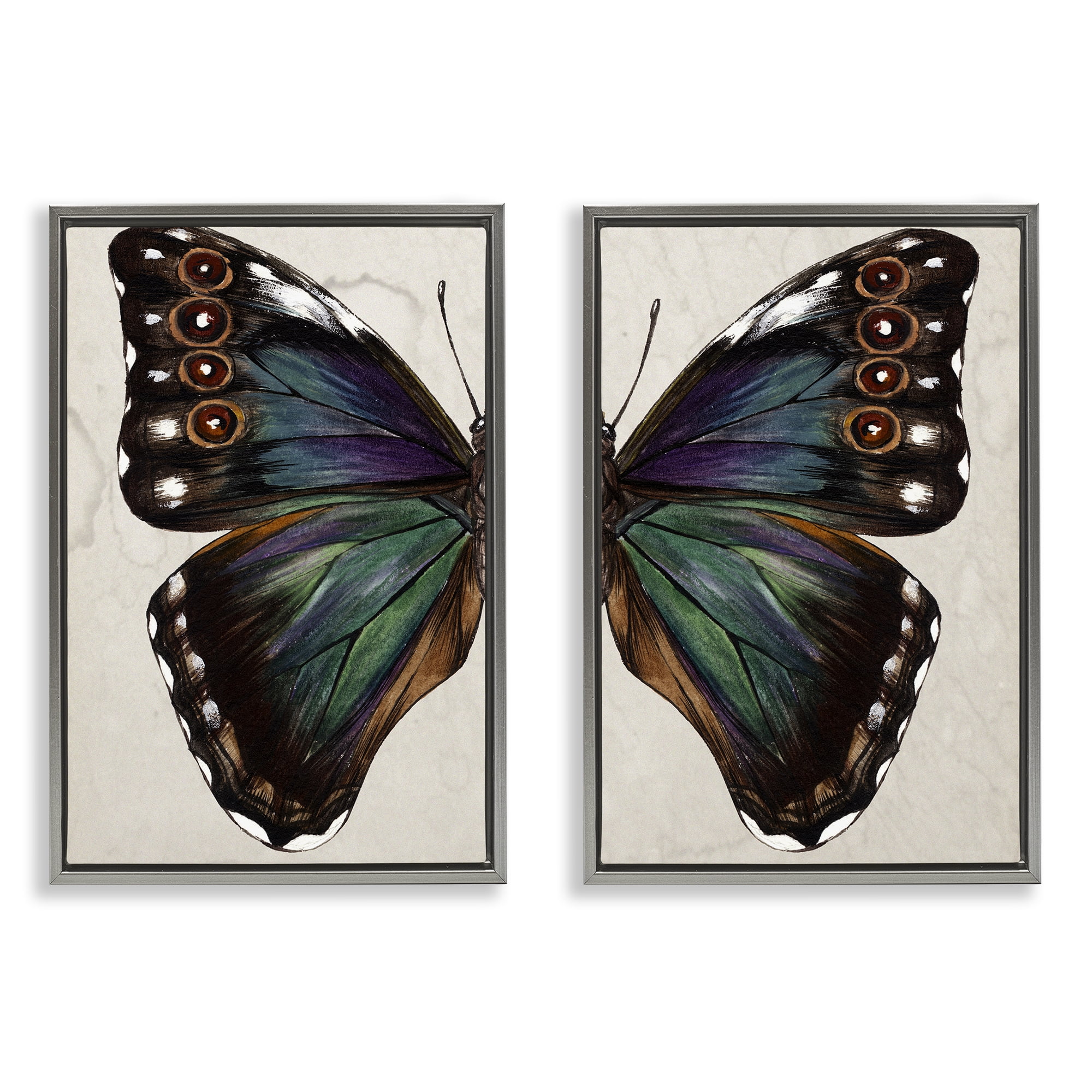 Stupell Industries Colorful Purple Green Butterfly Animals Painting Gray Floater Framed Canvas Art Print Wall Art, 21 x 31, Set of 2