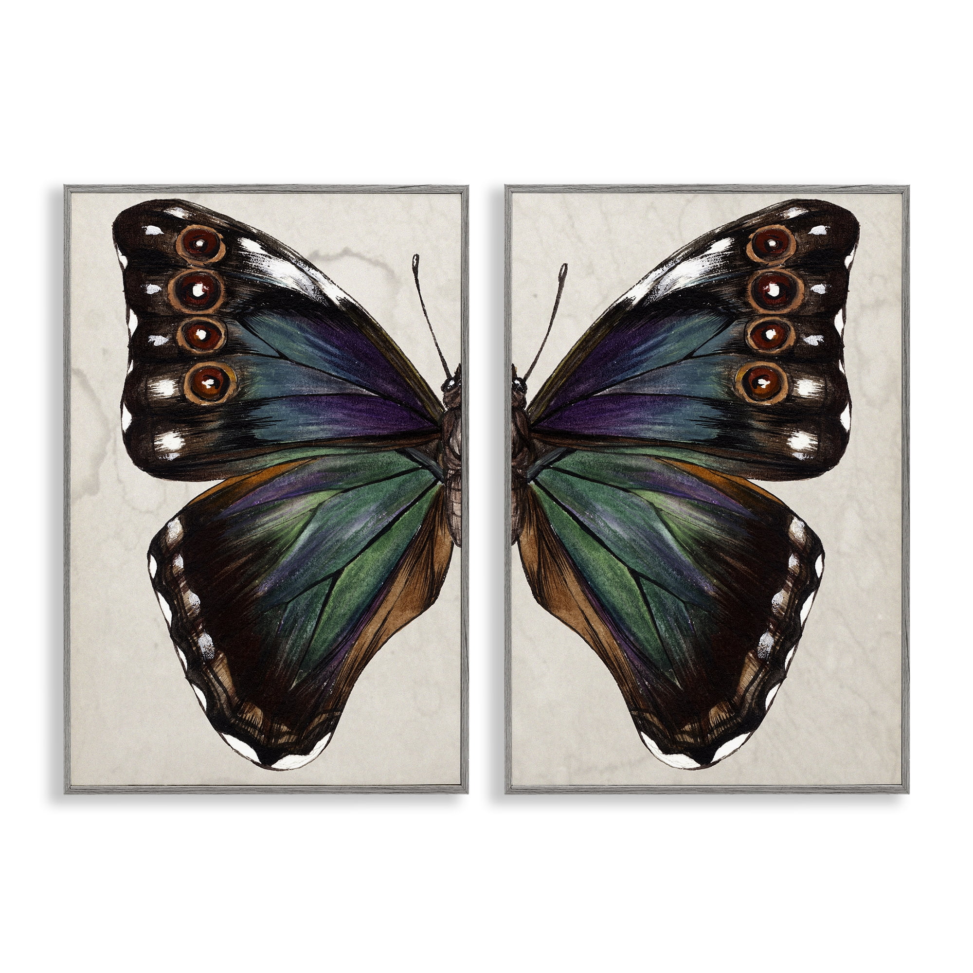 Stupell Industries Colorful Purple Green Butterfly Animals Painting Gray Framed Art Print Wall Art, 12 x 18, Set of 2