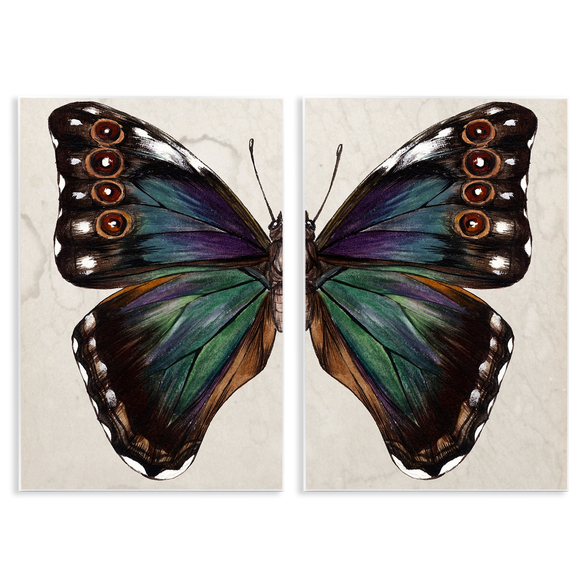 Stupell Industries Colorful Purple Green Butterfly Animals Painting Unframed Art Print Wall Art, 13 x 19, Set of 2