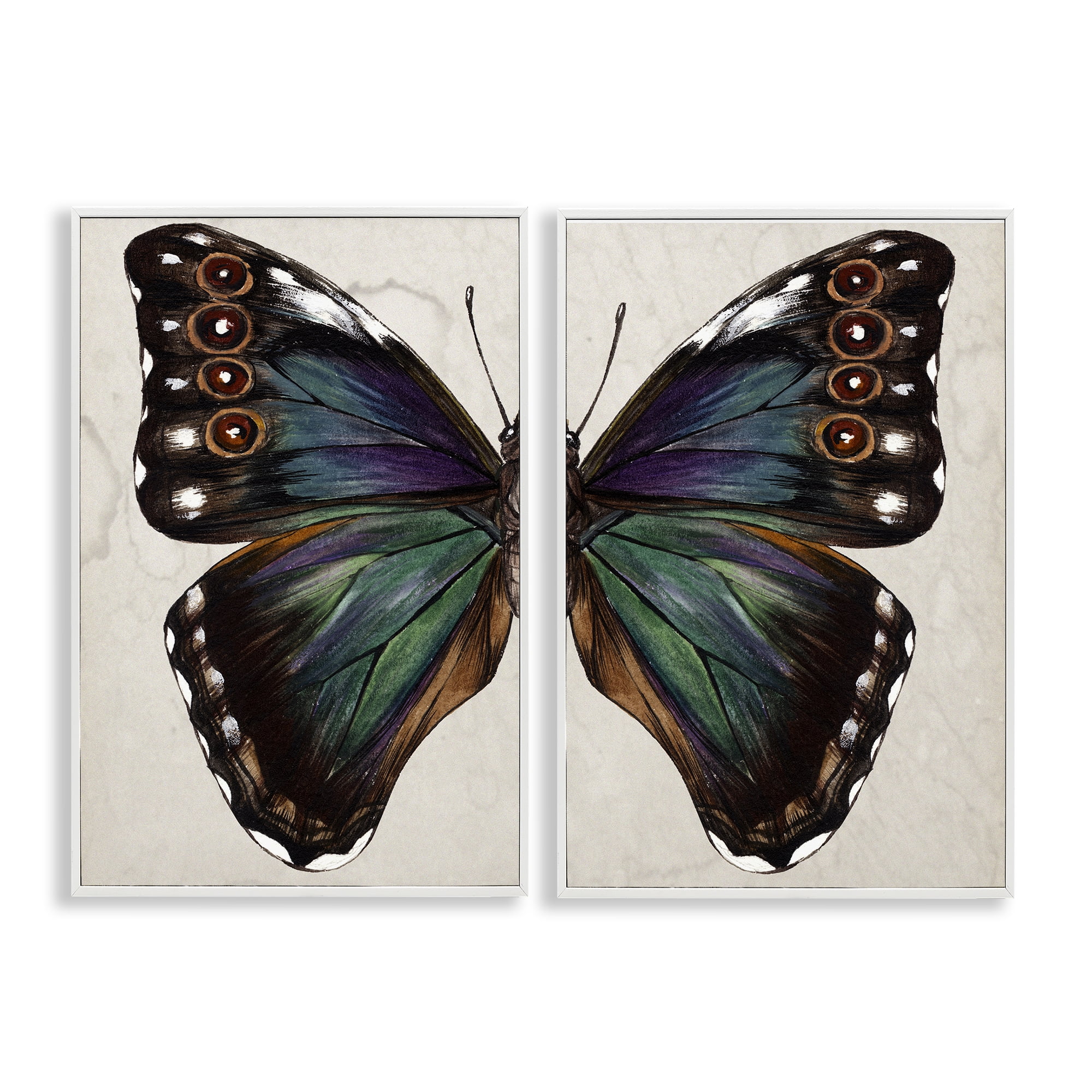 Stupell Industries Colorful Purple Green Butterfly Animals Painting White Framed Art Print Wall Art, 12 x 18, Set of 2