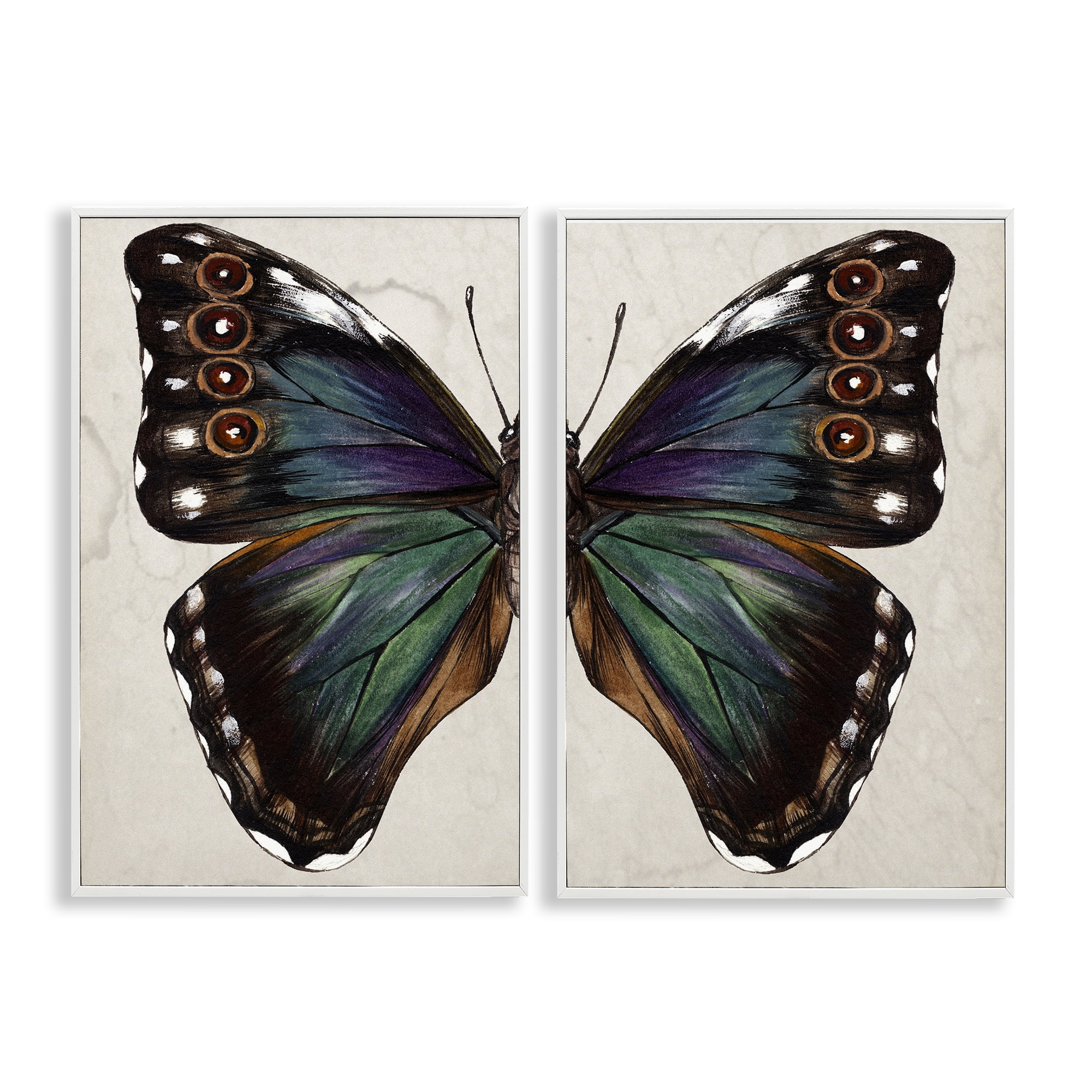 Stupell Industries Colorful Purple Green Butterfly Animals Painting White Framed Art Print Wall Art, 16 x 24, Set of 2