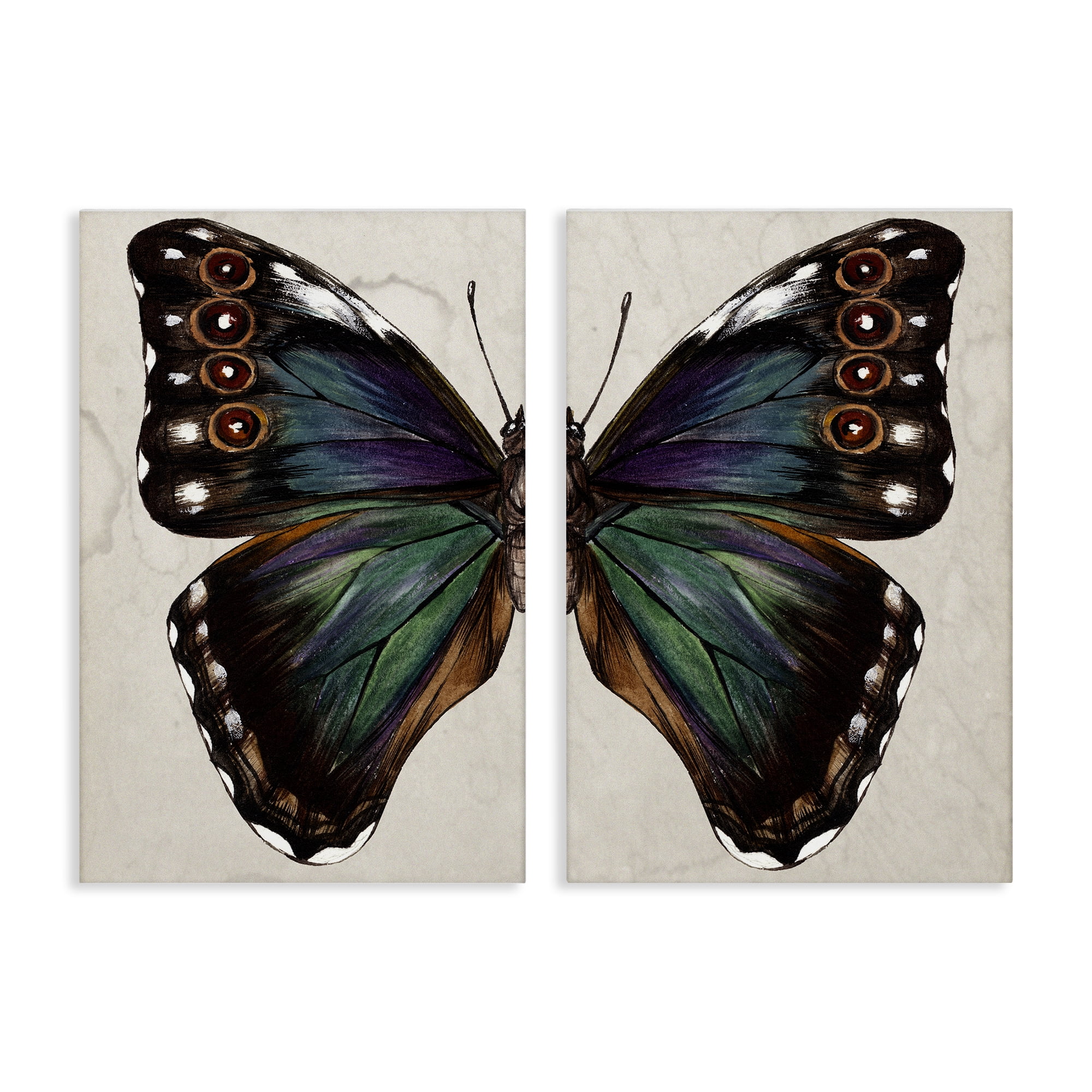 Stupell Industries Colorful Purple Green Butterfly Animals Painting Wrapped Canvas Art Print Wall Art, 16 x 24, Set of 2