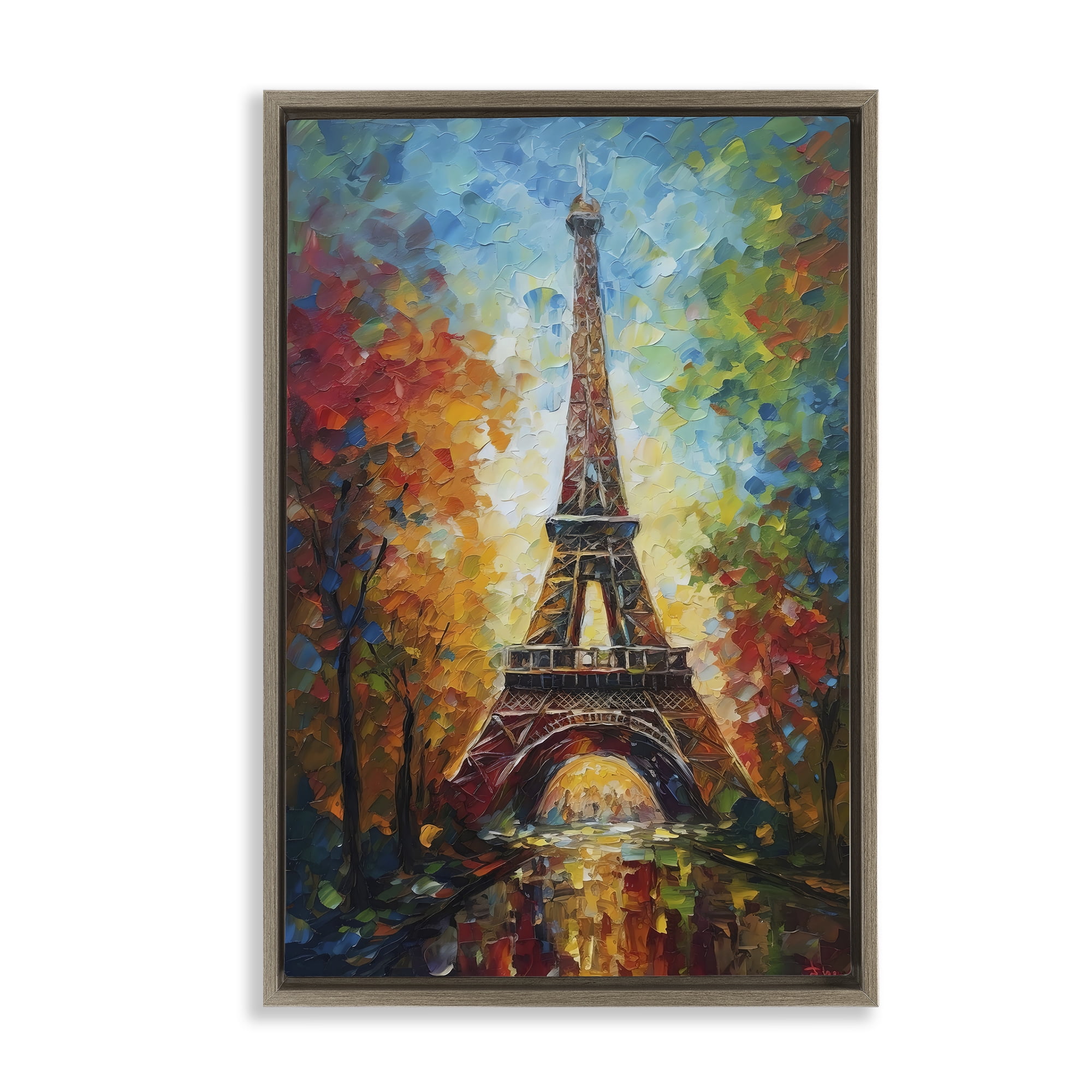 Stupell Industries Colorful Reflection at Eiffel Tower Brown Framed Floater Canvas Wall Art, design by Creative Studio