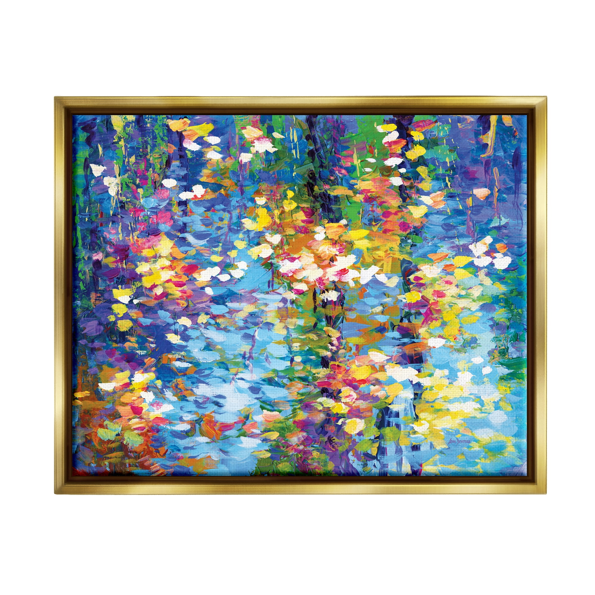 Stupell Industries Colorful Reflections Lake Flowers Landscape Painting Gold Floater Framed Canvas Art Print Wall Art, 21 x 17