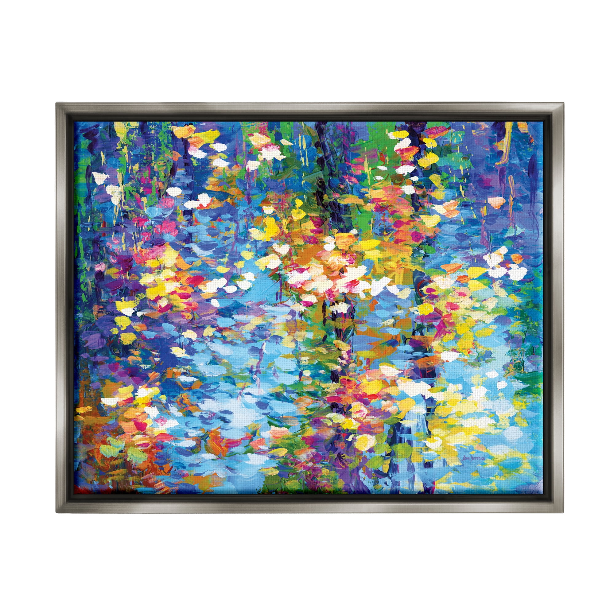 Stupell Industries Colorful Reflections Lake Flowers Landscape Painting Gray Floater Framed Canvas Art Print Wall Art, 21 x 17