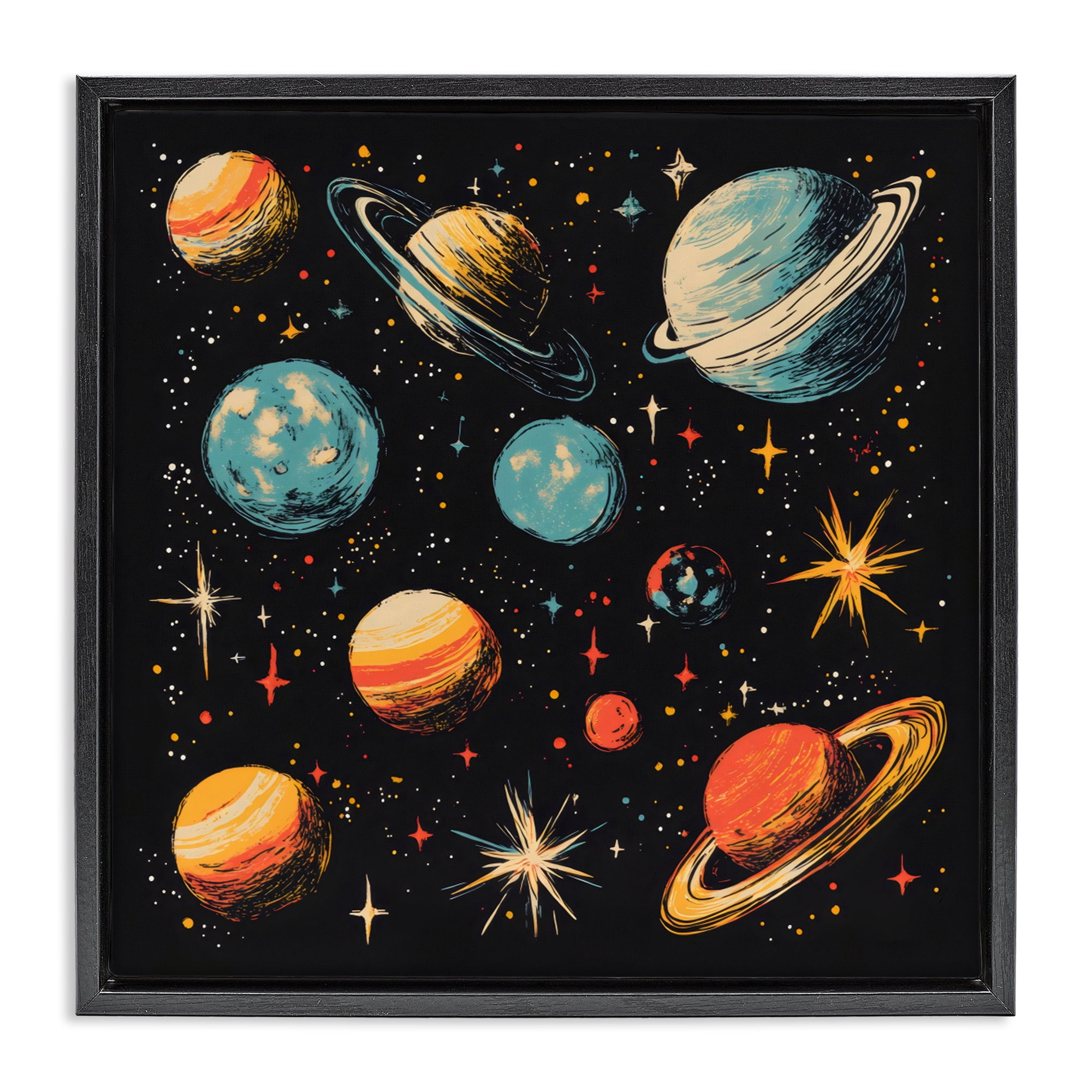 Stupell Industries Colorful Retro Planets Black Framed Floater Canvas Wall Art, design by Creative Studio