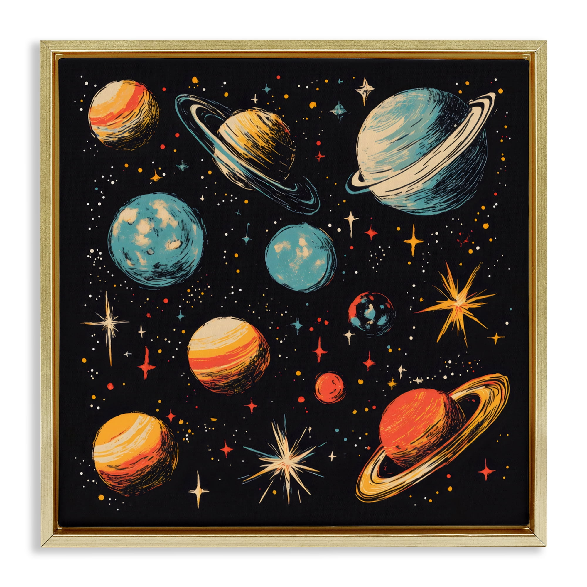 Stupell Industries Colorful Retro Planets Gold Framed Floater Canvas Wall Art, design by Creative Studio