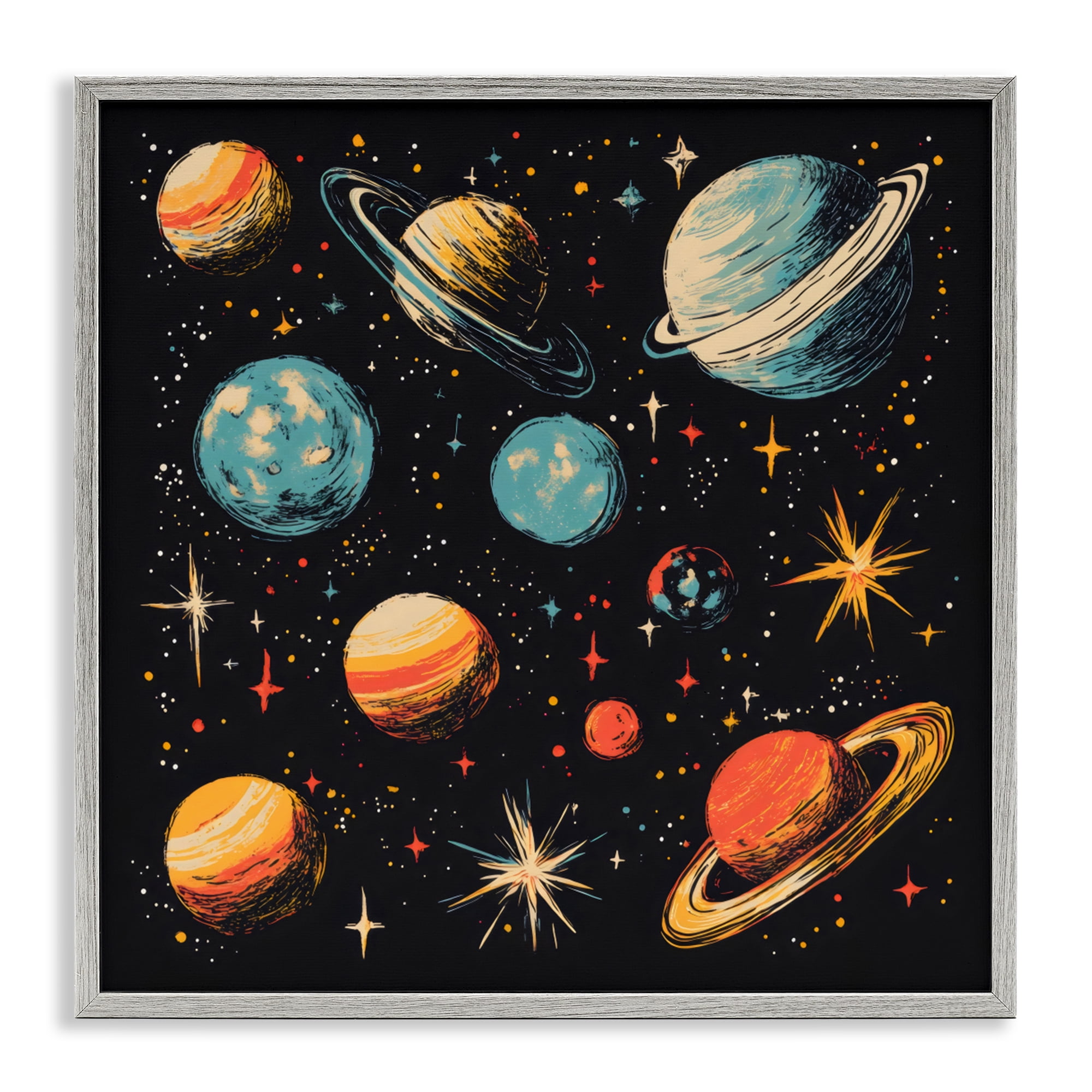 Stupell Industries Colorful Retro Planets Gray Framed Giclee Art, design by Creative Studio