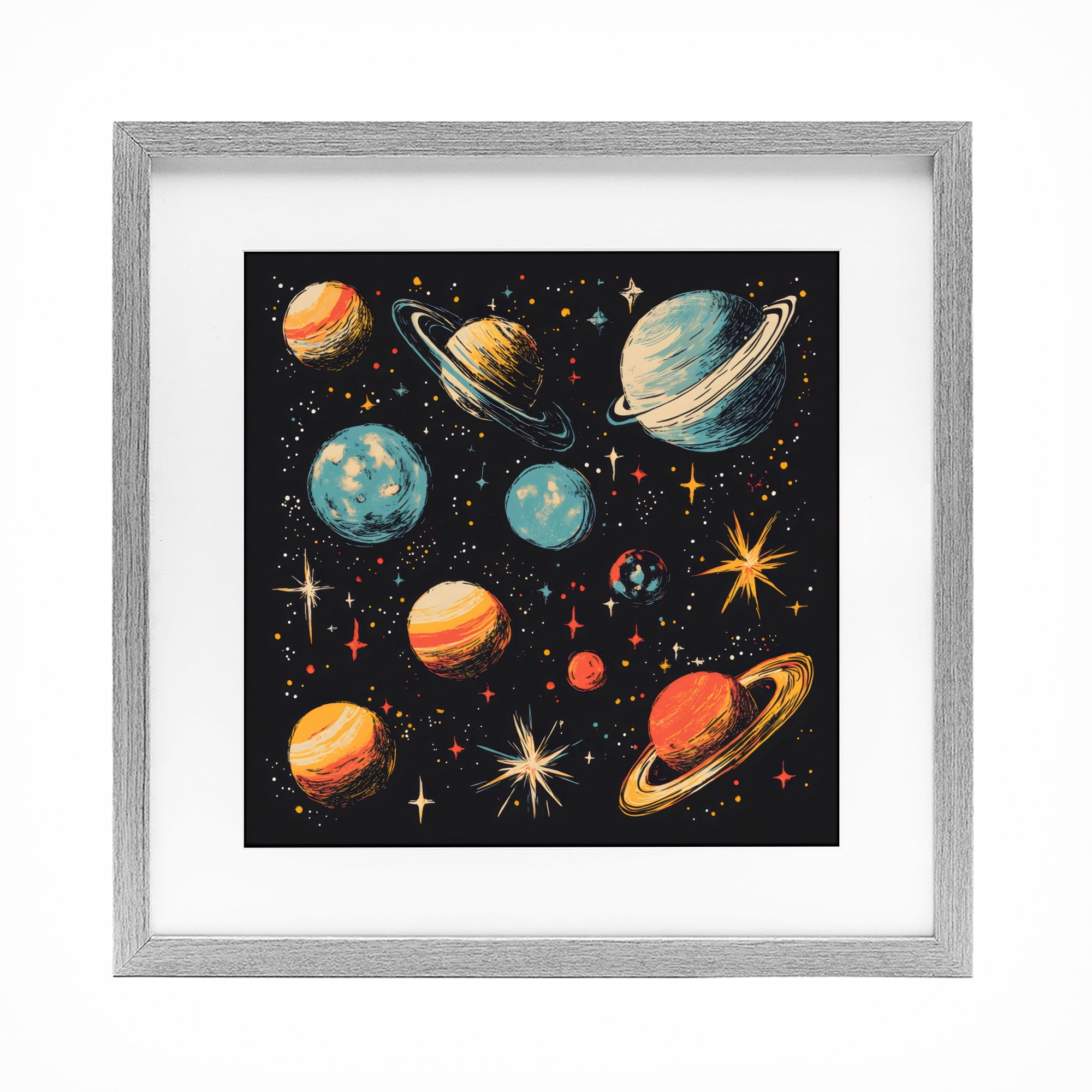 Stupell Industries Colorful Retro Planets Gray Framed Print Under Glass, design by Creative Studio