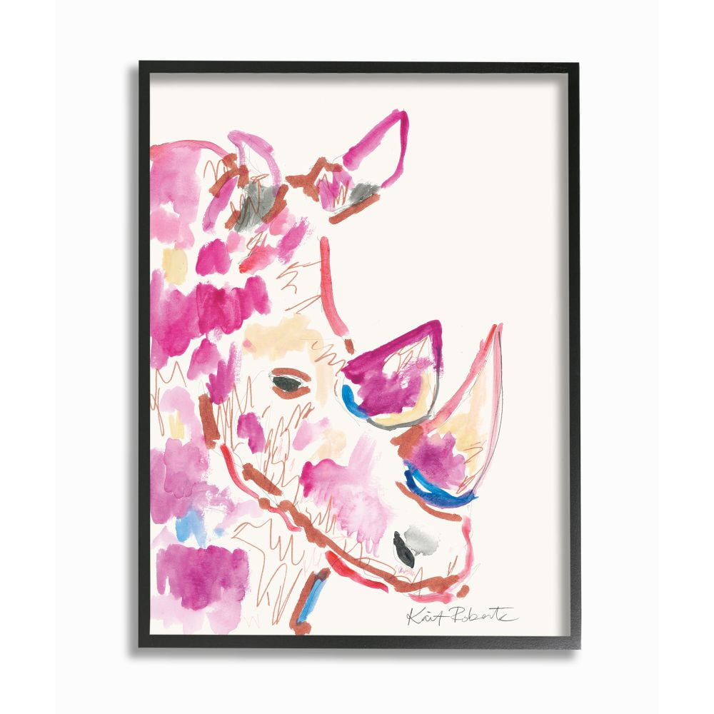 Colorful Pink and Blue Rhino Canvas Wall Art with Black Frame