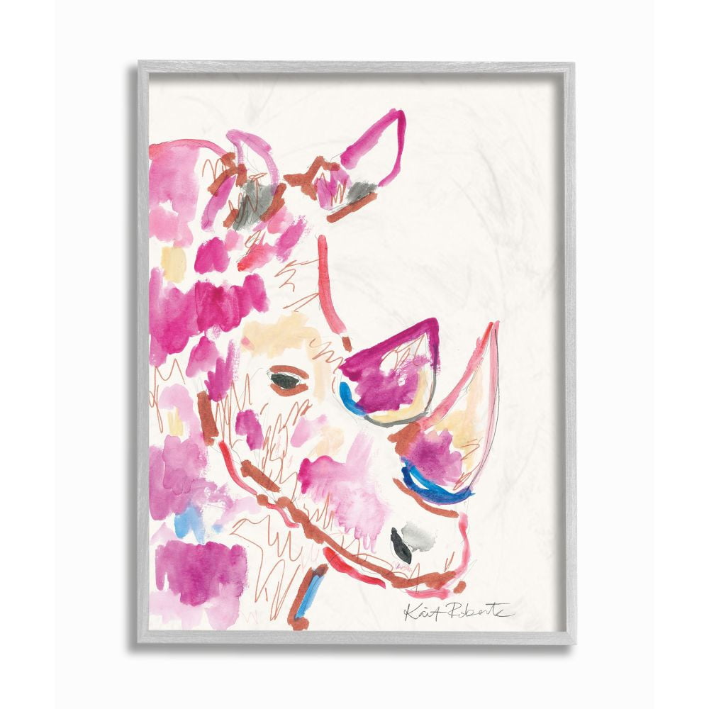 Stupell Industries Colorful Rhino Illustration Safari Animal Pink Blue Designed by Kait Roberts