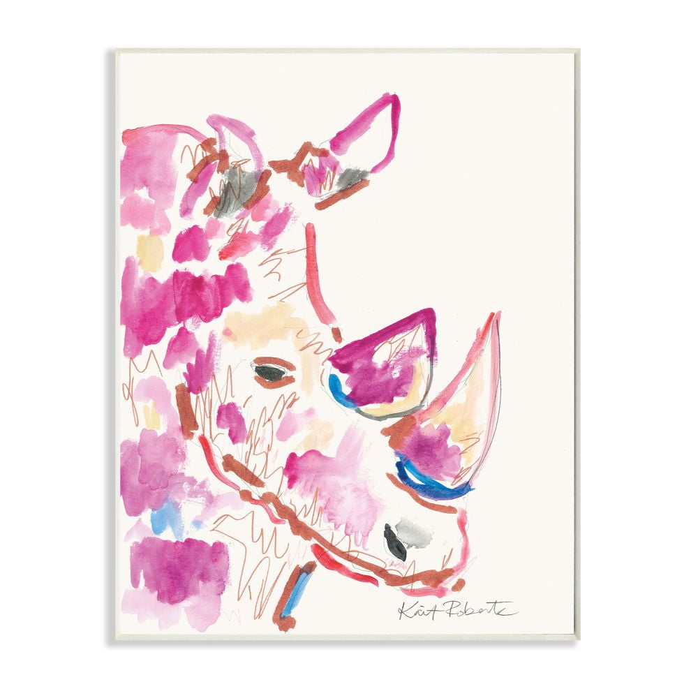 Colorful Rhino Illustration Pink and Blue Wood Wall Art, 13 x 19