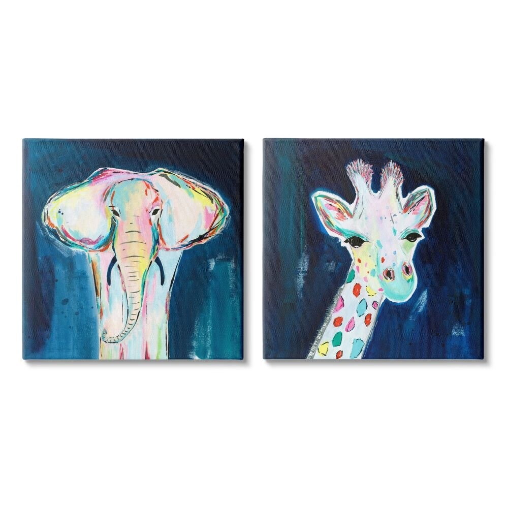 Stupell Industries Colorful Safari Animal Portraits Playful Elephant Giraffe Canvas Wall Art Design by Jennifer McCully