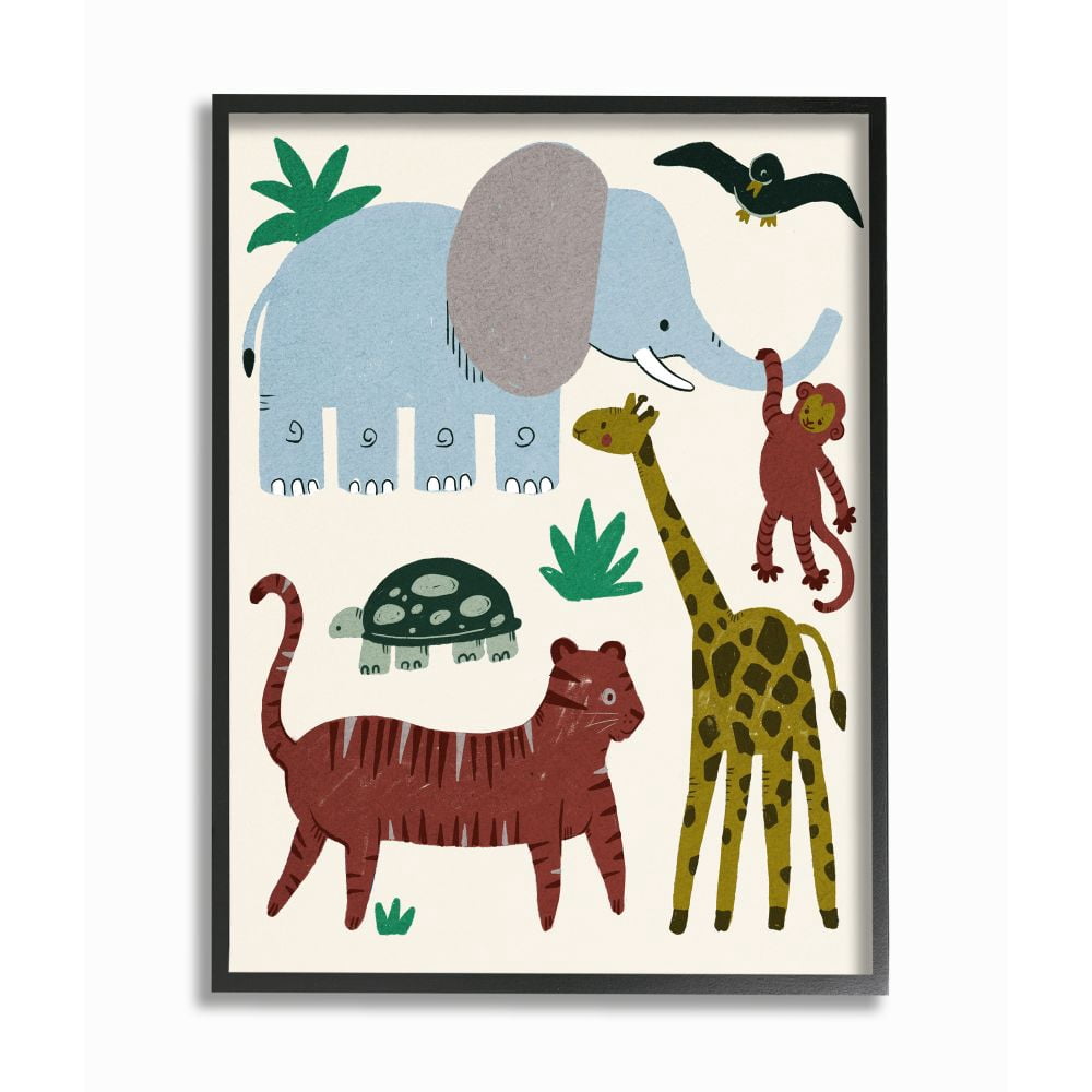 Stupell Industries Colorful Safari Animals Children's Illustration Elephant Giraffe Framed Wall Art Design by Daphne Polselli, 11" x 14", Black Framed