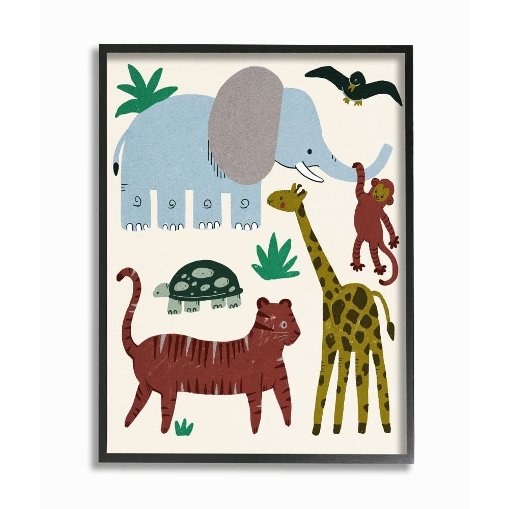 Stupell Industries Colorful Safari Animals Children's Illustration Elephant Giraffe Framed Wall Art Design by Daphne Polselli, 16" x 20", Gray Framed