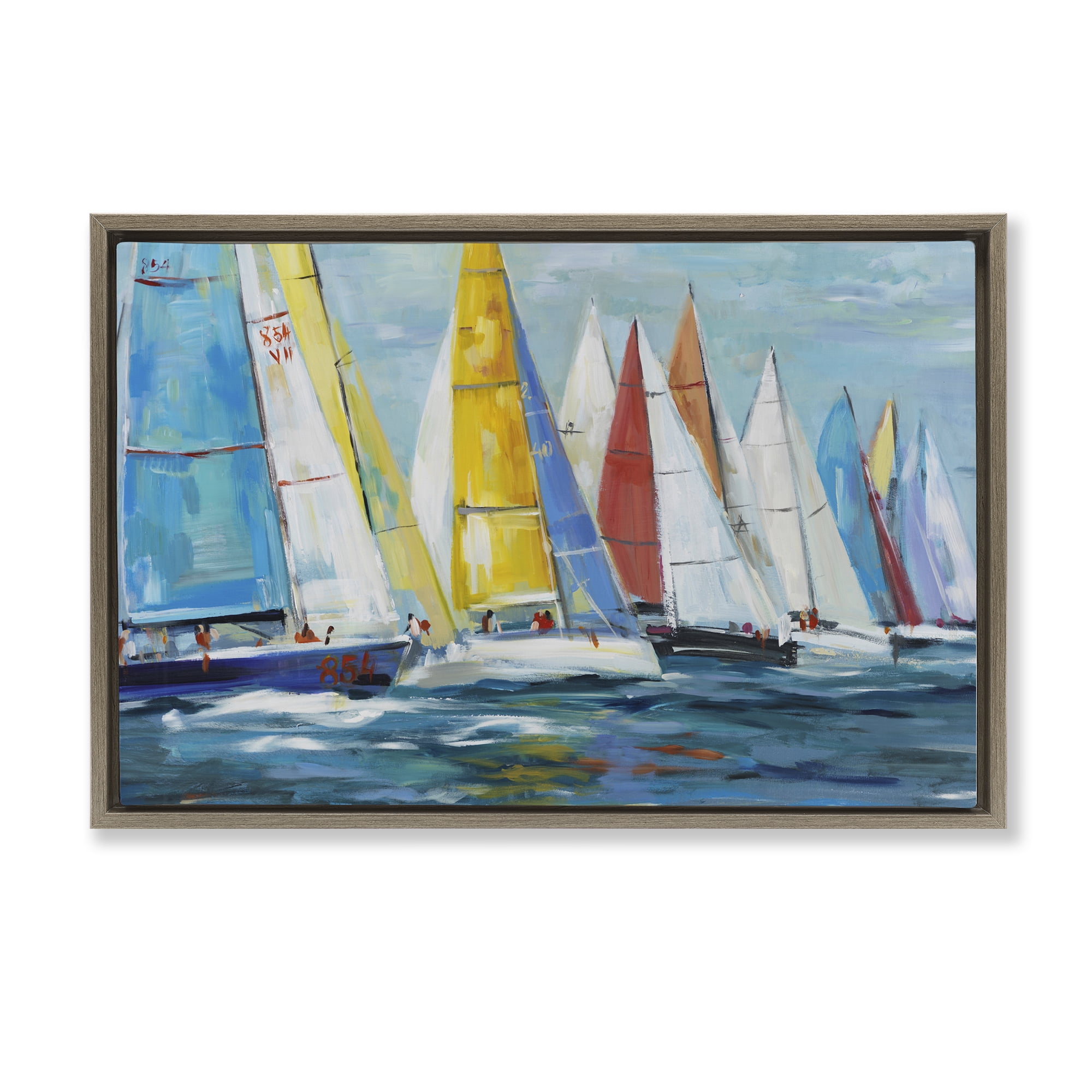 Stupell Industries Colorful Sails Coastal Scene Brown Framed Floater Canvas Wall Art, design by Lorenzo Collective