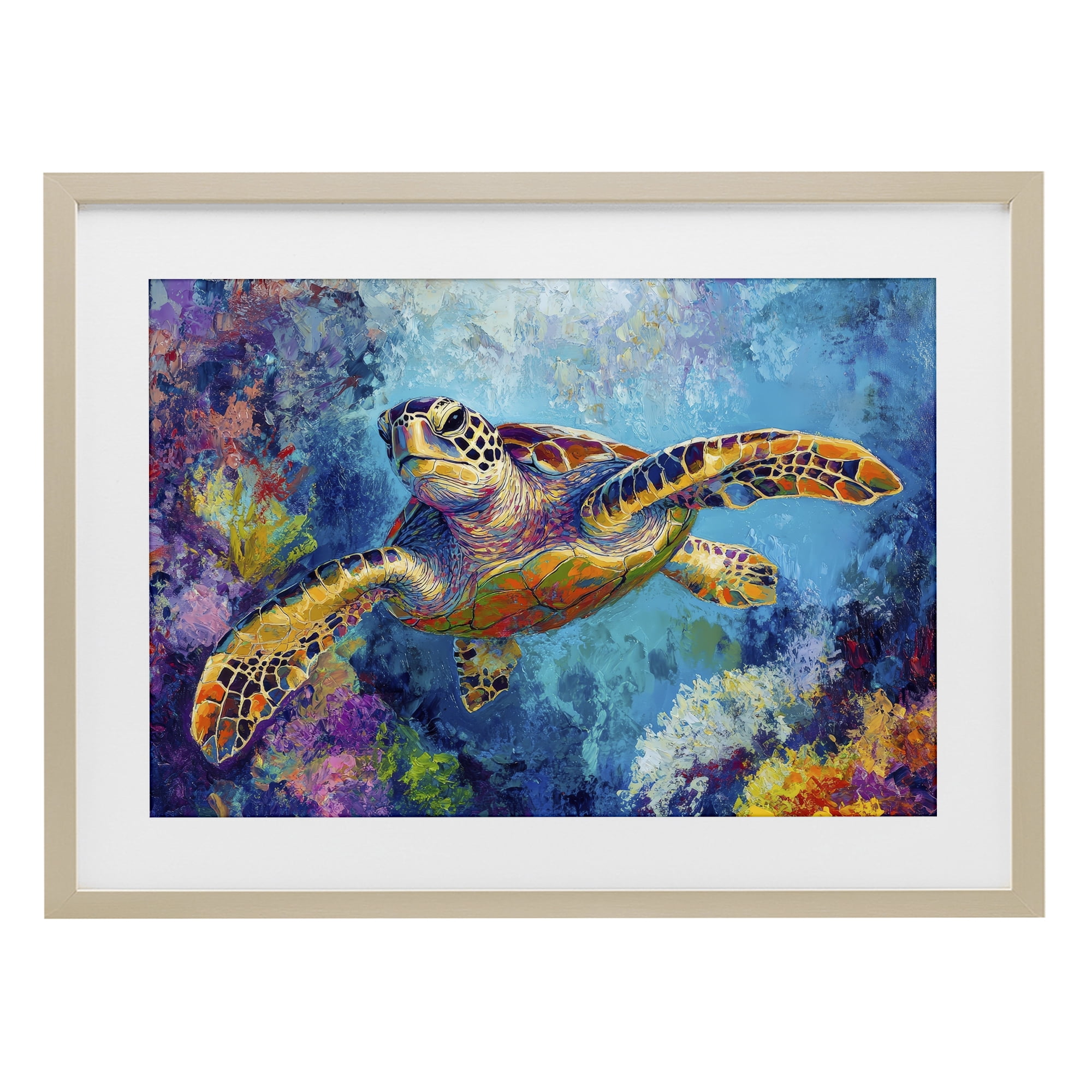 Stupell Industries Colorful Sea Turtle over Coral Birch Framed Print Under Glass, design by Petal Prints Design