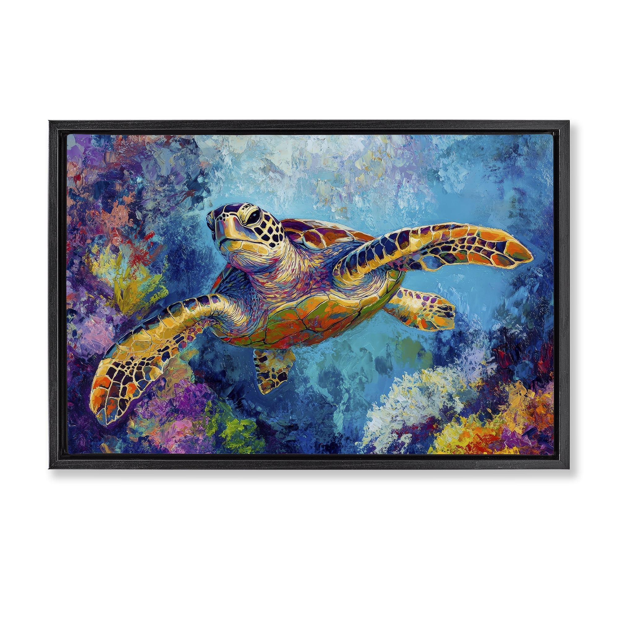 Stupell Industries Colorful Sea Turtle over Coral Black Framed Floater Canvas Wall Art, design by Petal Prints Design