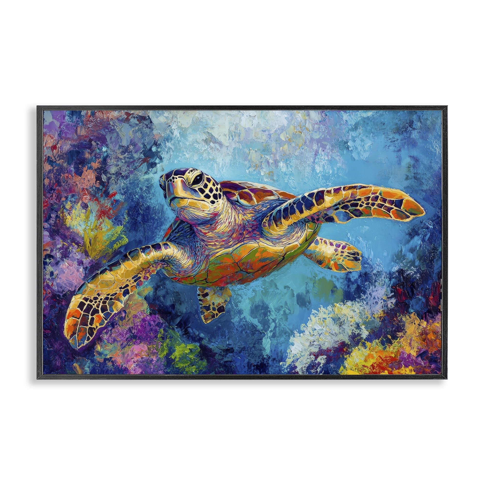 Stupell Industries Colorful Sea Turtle over Coral Black Framed Giclee Art, design by Petal Prints Design
