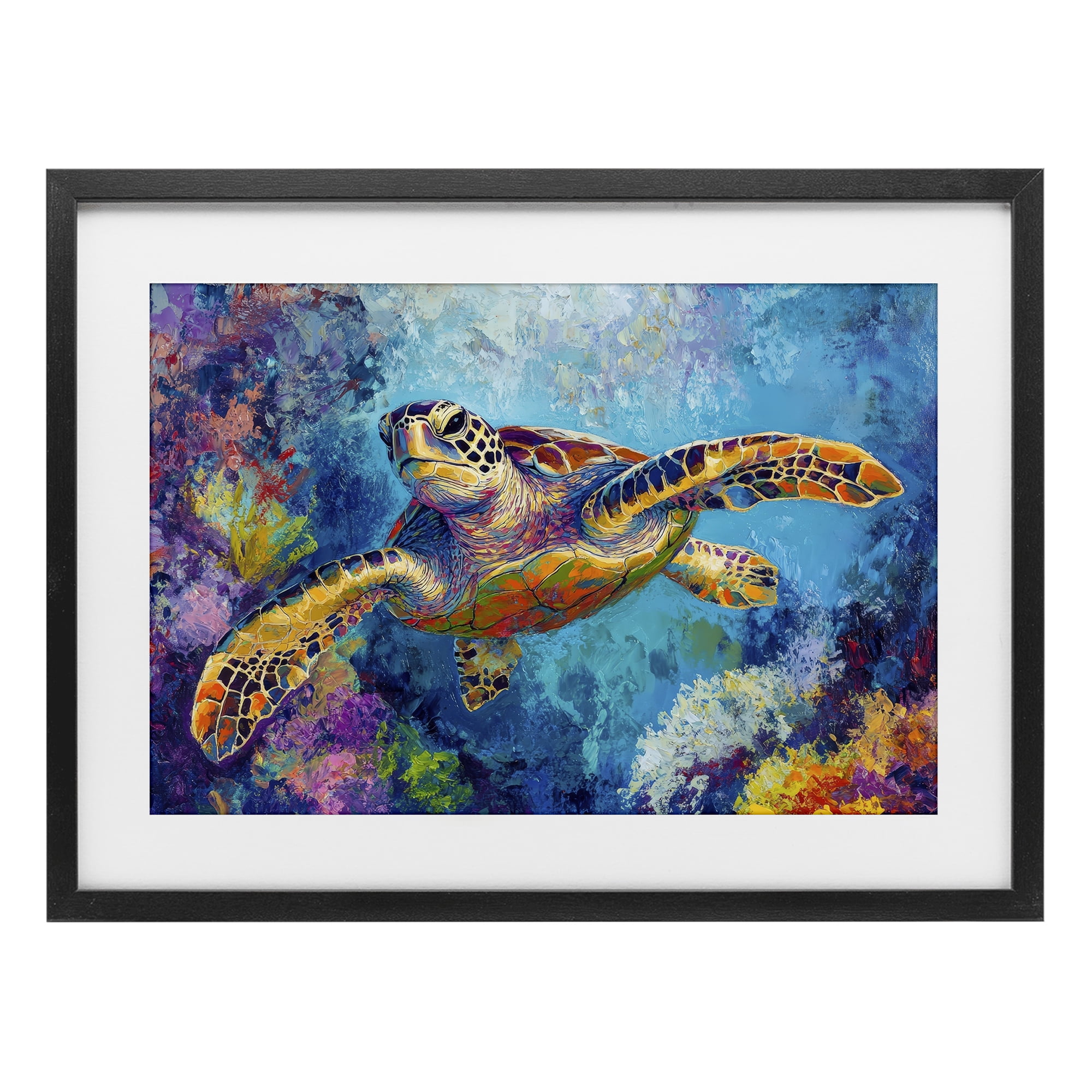 Stupell Industries Colorful Sea Turtle over Coral Black Framed Print Under Glass, design by Petal Prints Design
