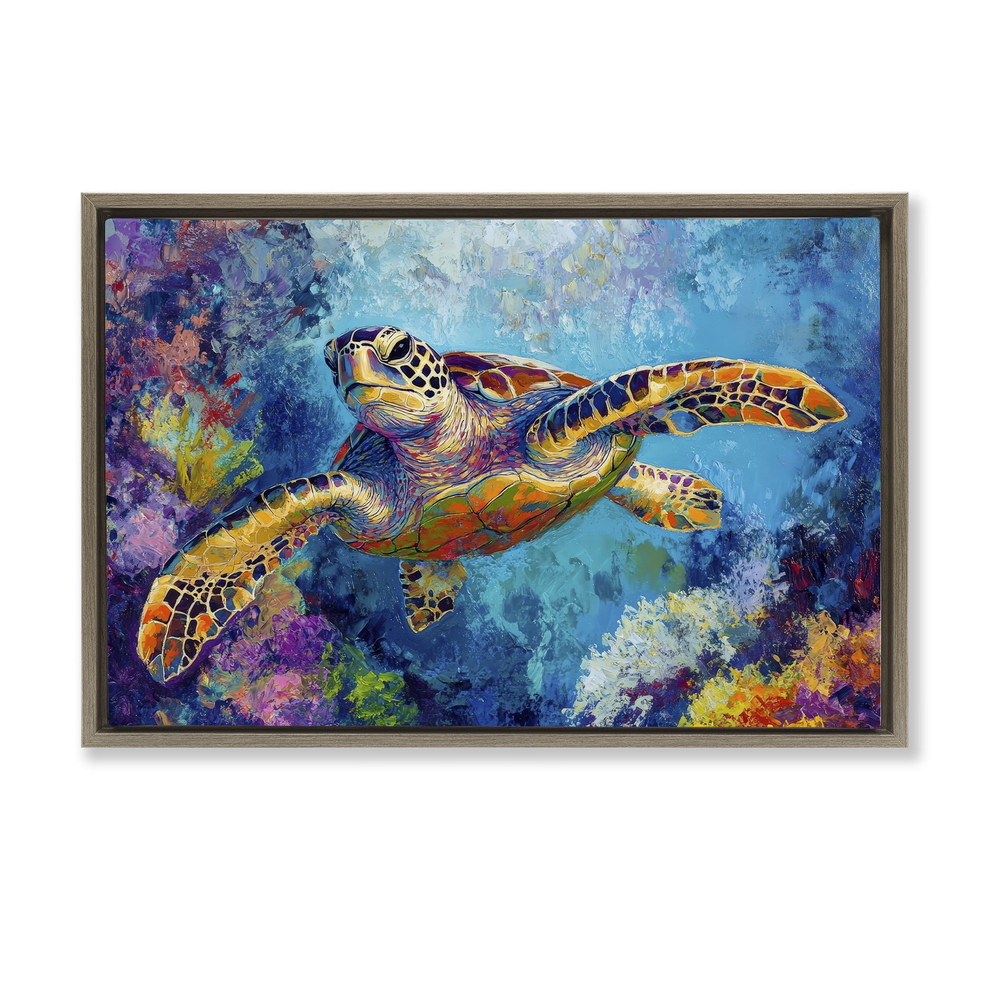 Stupell Industries Colorful Sea Turtle over Coral Brown Framed Floater Canvas Wall Art, design by Petal Prints Design