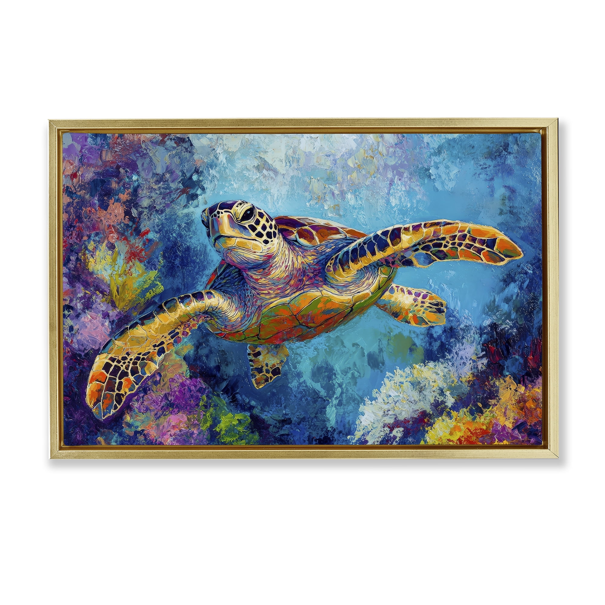 Stupell Industries Colorful Sea Turtle over Coral Gold Framed Floater Canvas Wall Art, design by Petal Prints Design