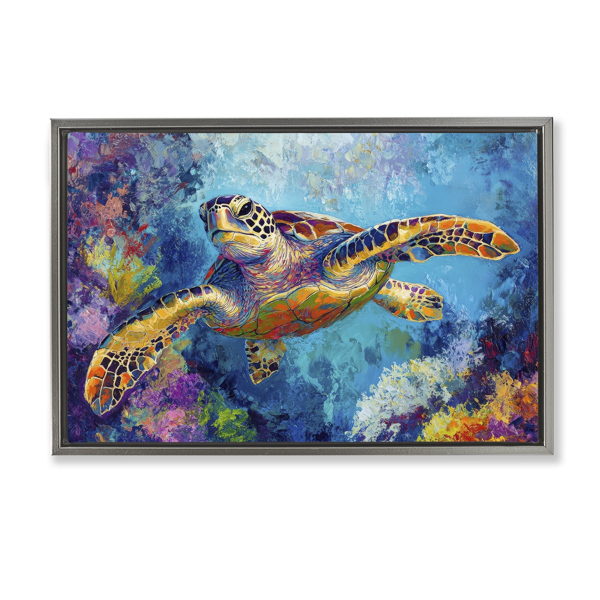 Stupell Industries Colorful Sea Turtle over Coral Gray Framed Floater Canvas Wall Art, design by Petal Prints Design