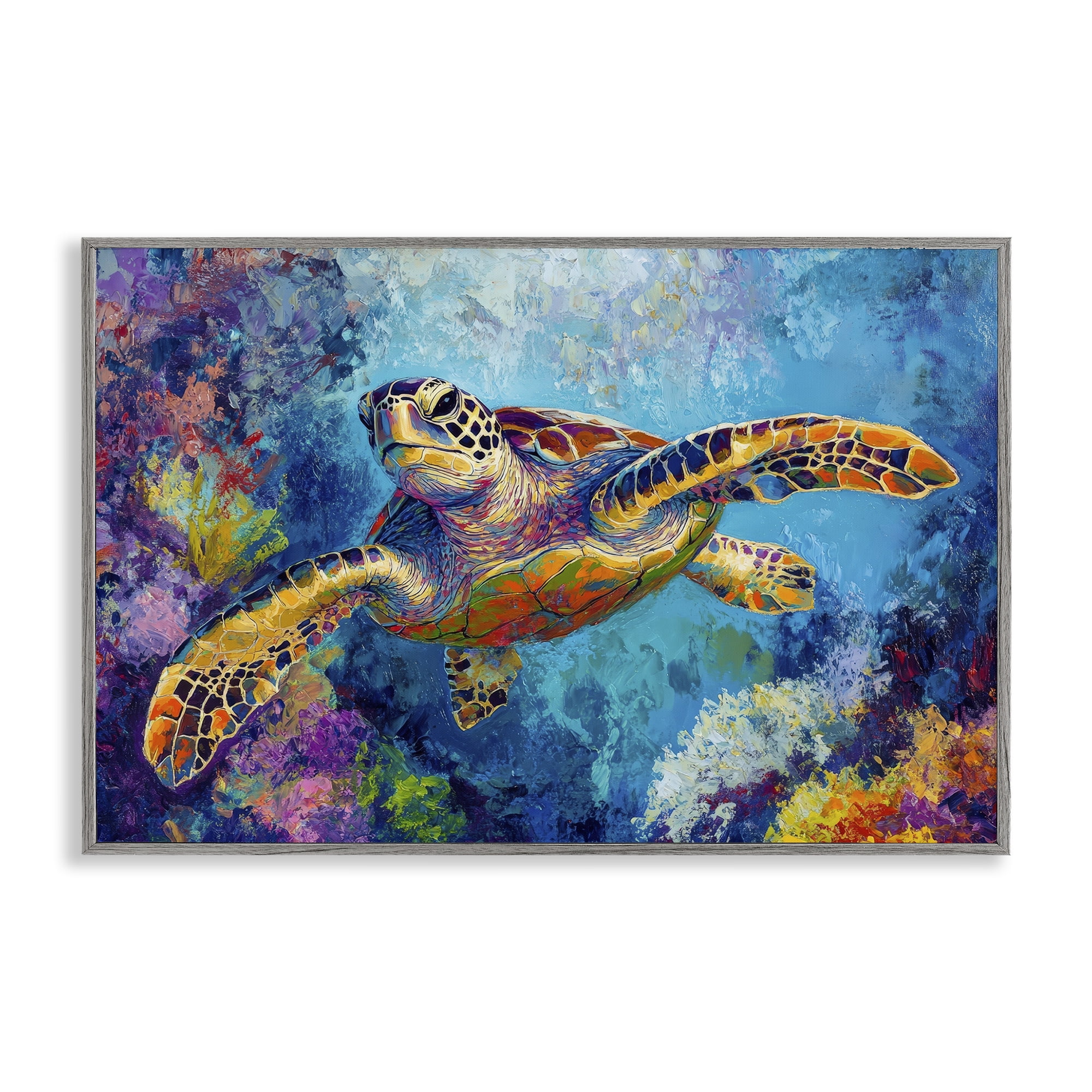 Stupell Industries Colorful Sea Turtle over Coral Gray Framed Giclee Art, design by Petal Prints Design