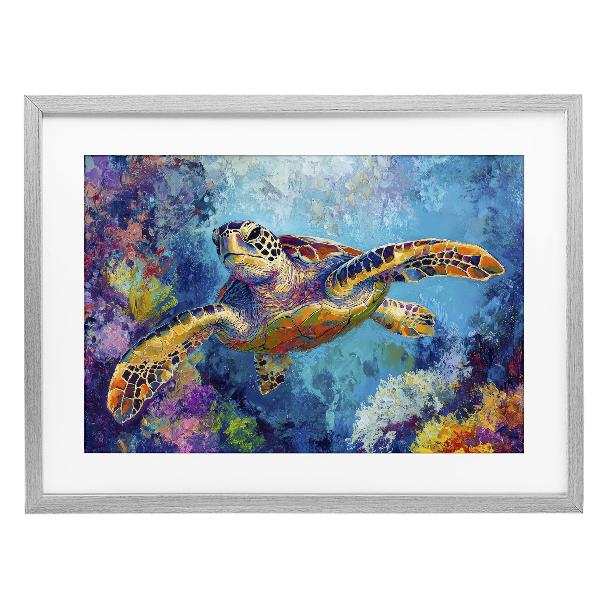 Stupell Industries Colorful Sea Turtle over Coral Gray Framed Print Under Glass, design by Petal Prints Design