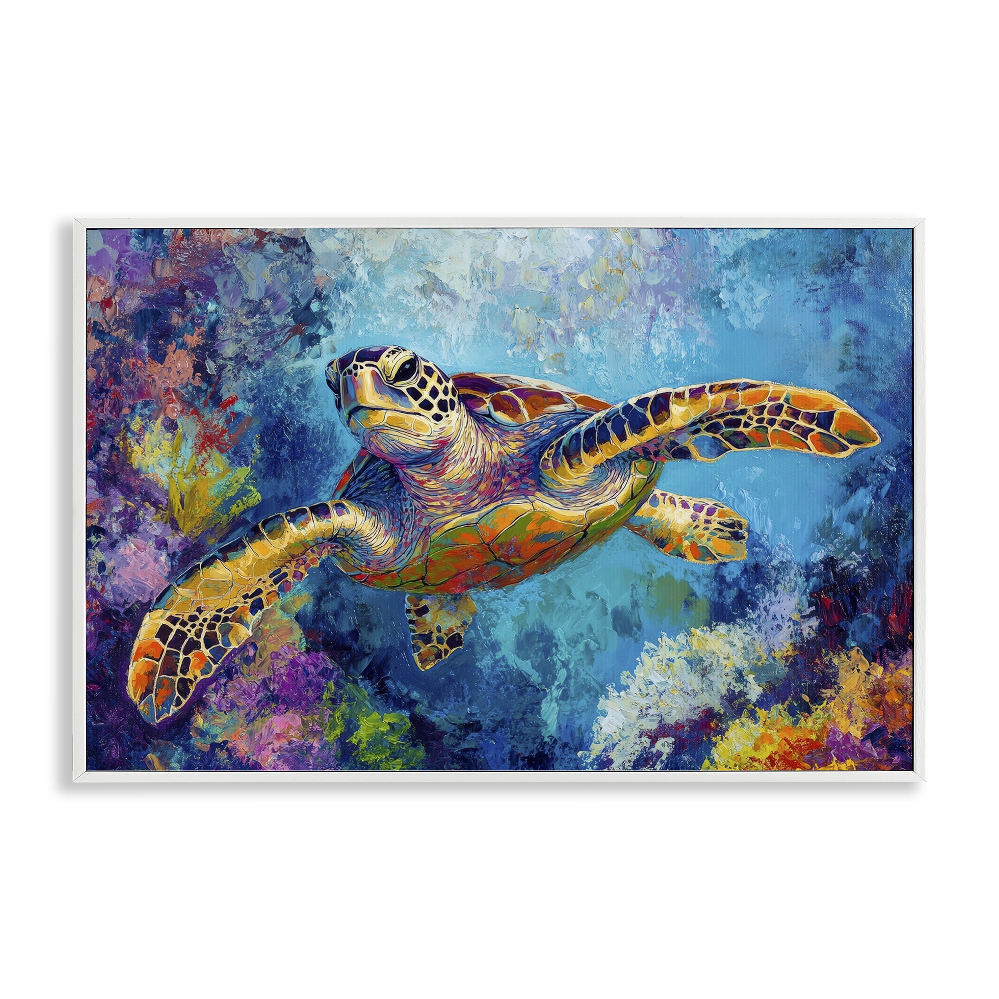 Stupell Industries Colorful Sea Turtle over Coral White Framed Giclee Art, design by Petal Prints Design
