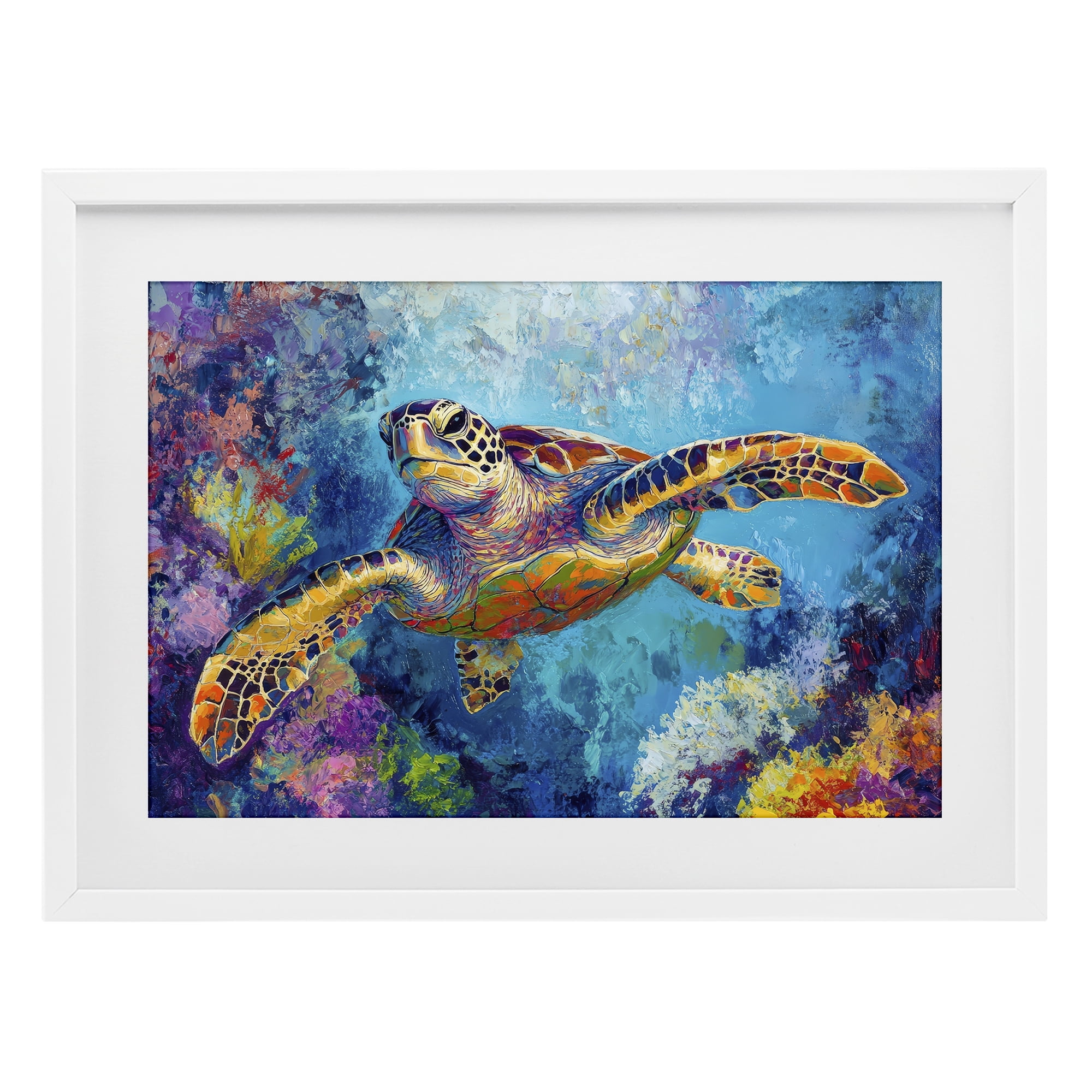 Stupell Industries Colorful Sea Turtle over Coral White Framed Print Under Glass, design by Petal Prints Design
