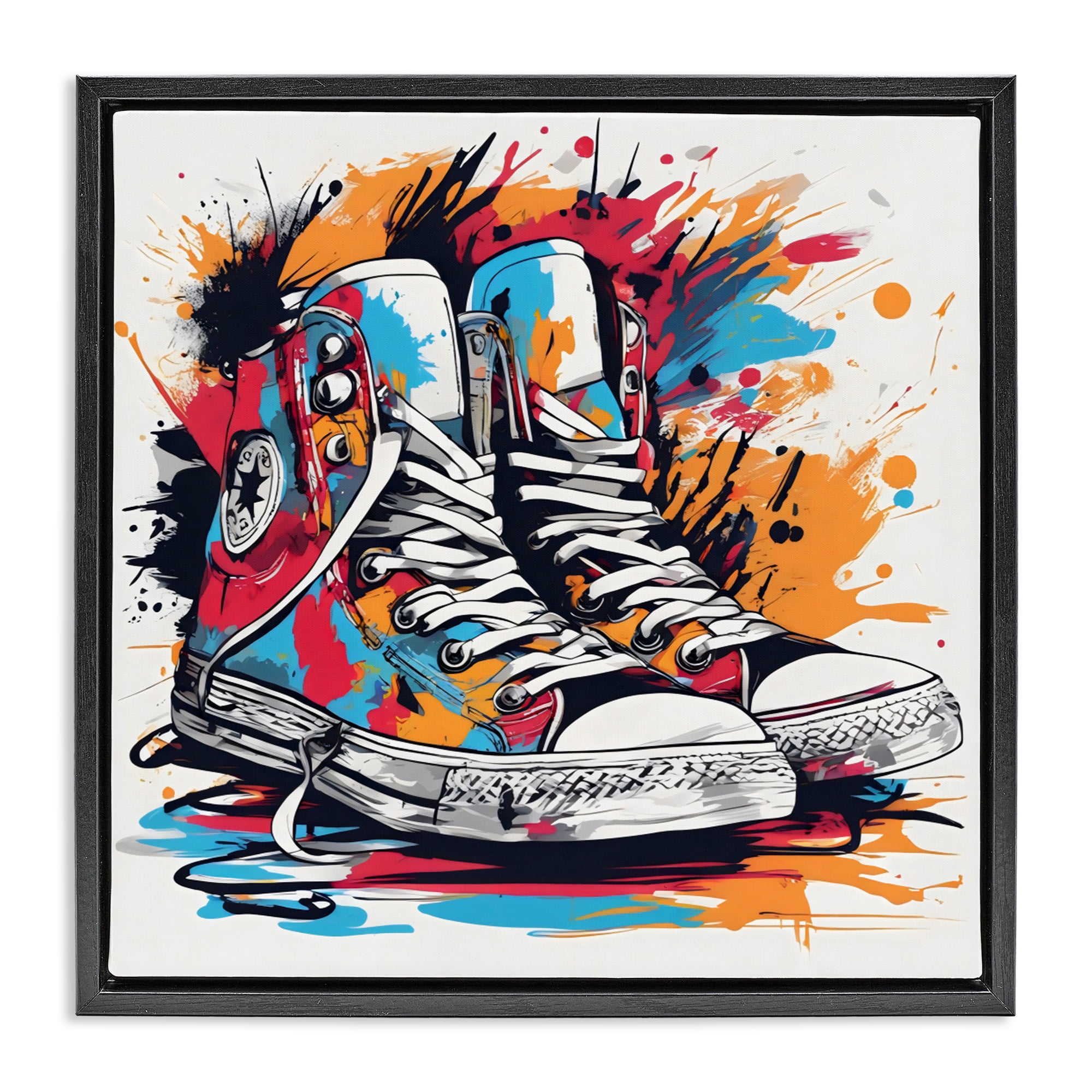 Stupell Industries Colorful Sneakers Graffiti Splash Black Framed Floater Canvas Wall Art, design by Creative Studio
