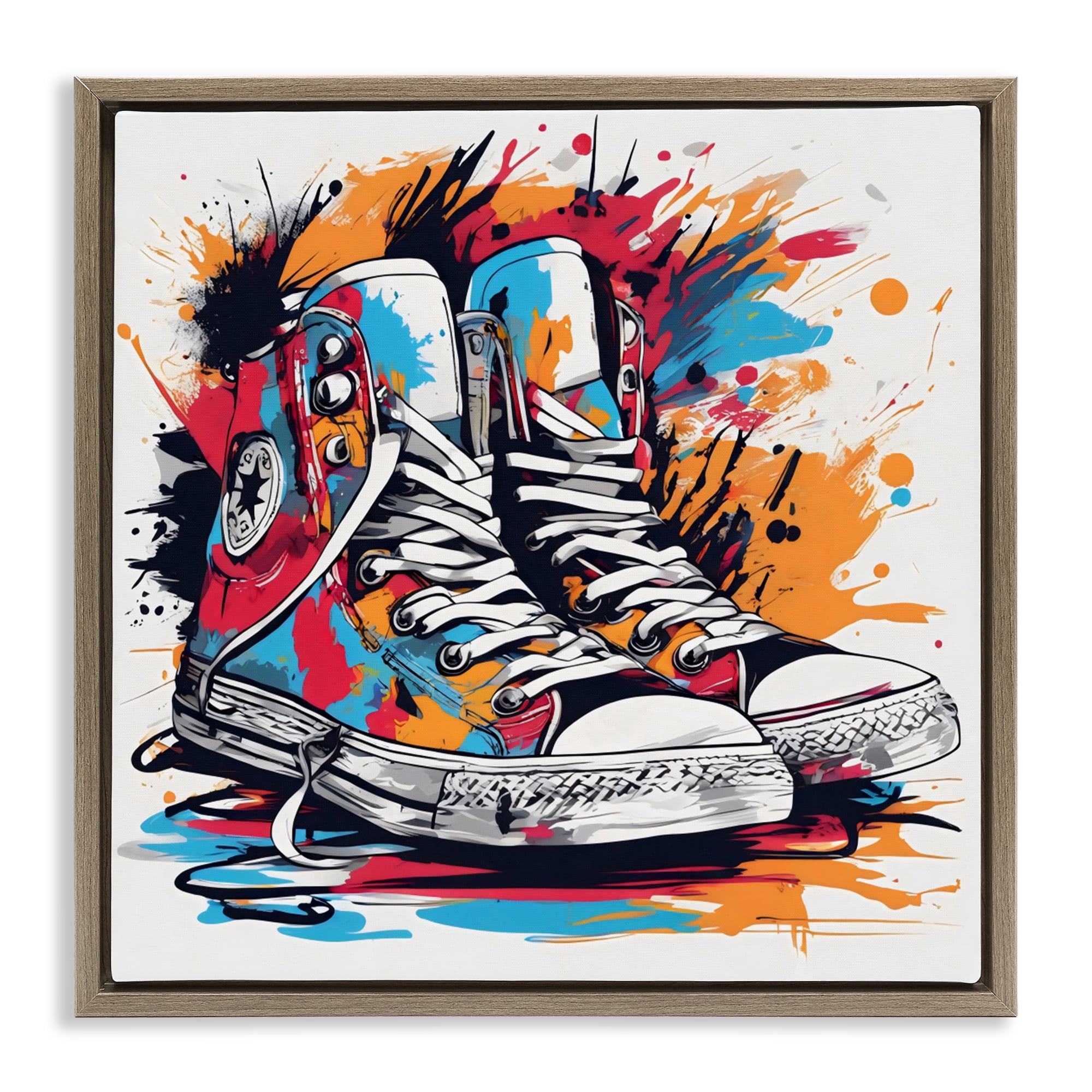 Stupell Industries Colorful Sneakers Graffiti Splash Brown Framed Floater Canvas Wall Art, design by Creative Studio