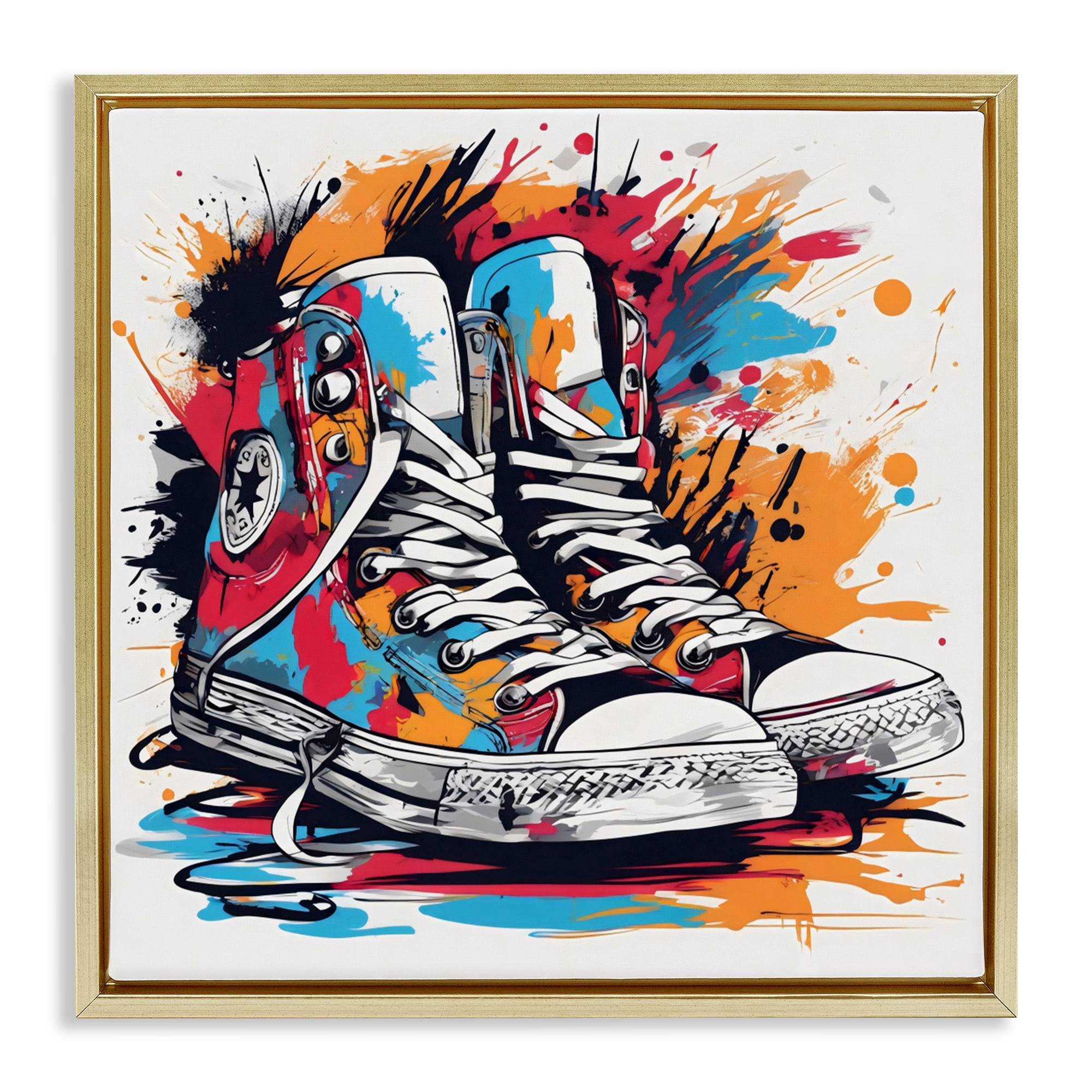 Stupell Industries Colorful Sneakers Graffiti Splash Gold Framed Floater Canvas Wall Art, design by Creative Studio