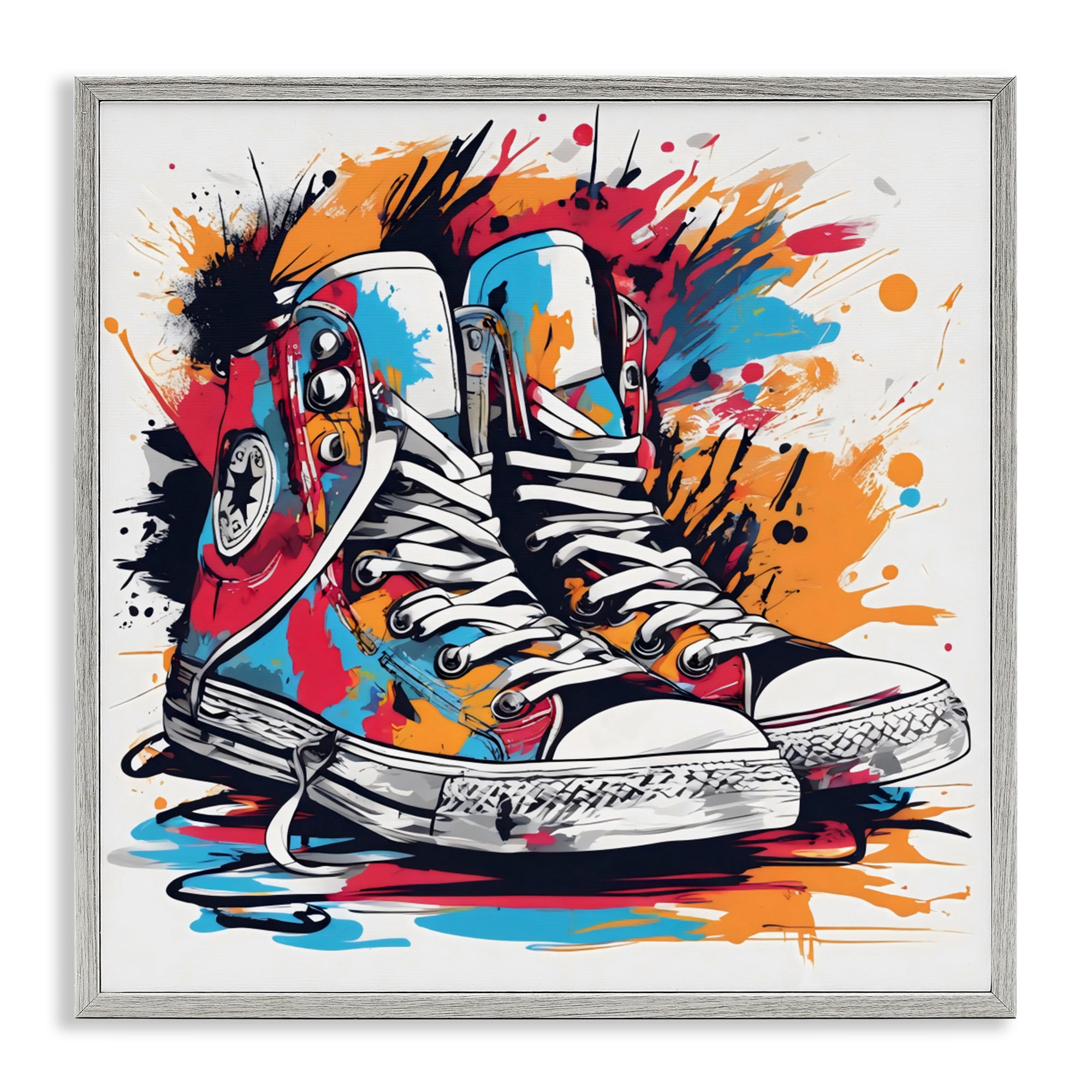 Stupell Industries Colorful Sneakers Graffiti Splash Gray Framed Giclee Art, design by Creative Studio