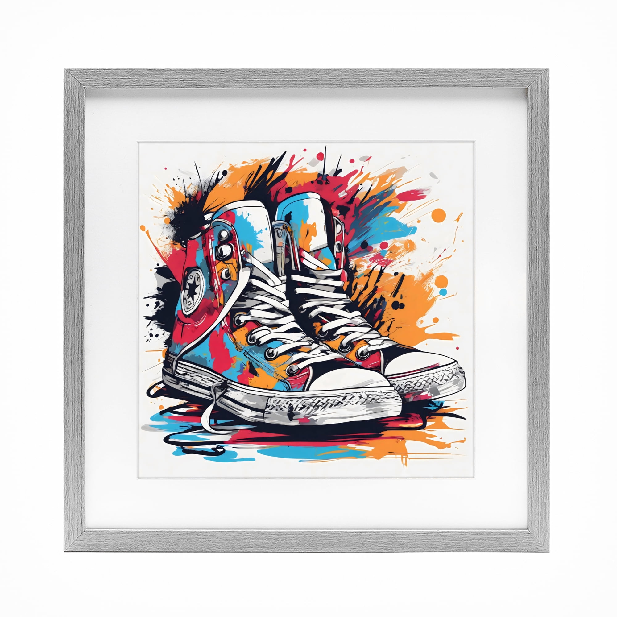 Stupell Industries Colorful Sneakers Graffiti Splash Gray Framed Print Under Glass, design by Creative Studio