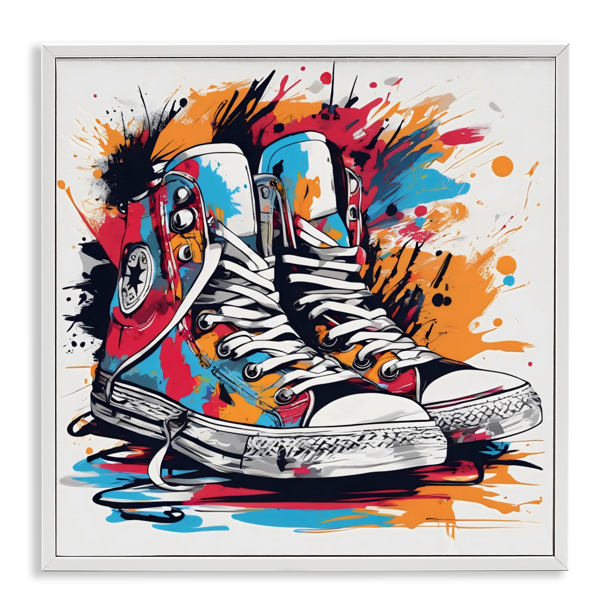 Stupell Industries Colorful Sneakers Graffiti Splash White Framed Giclee Art, design by Creative Studio