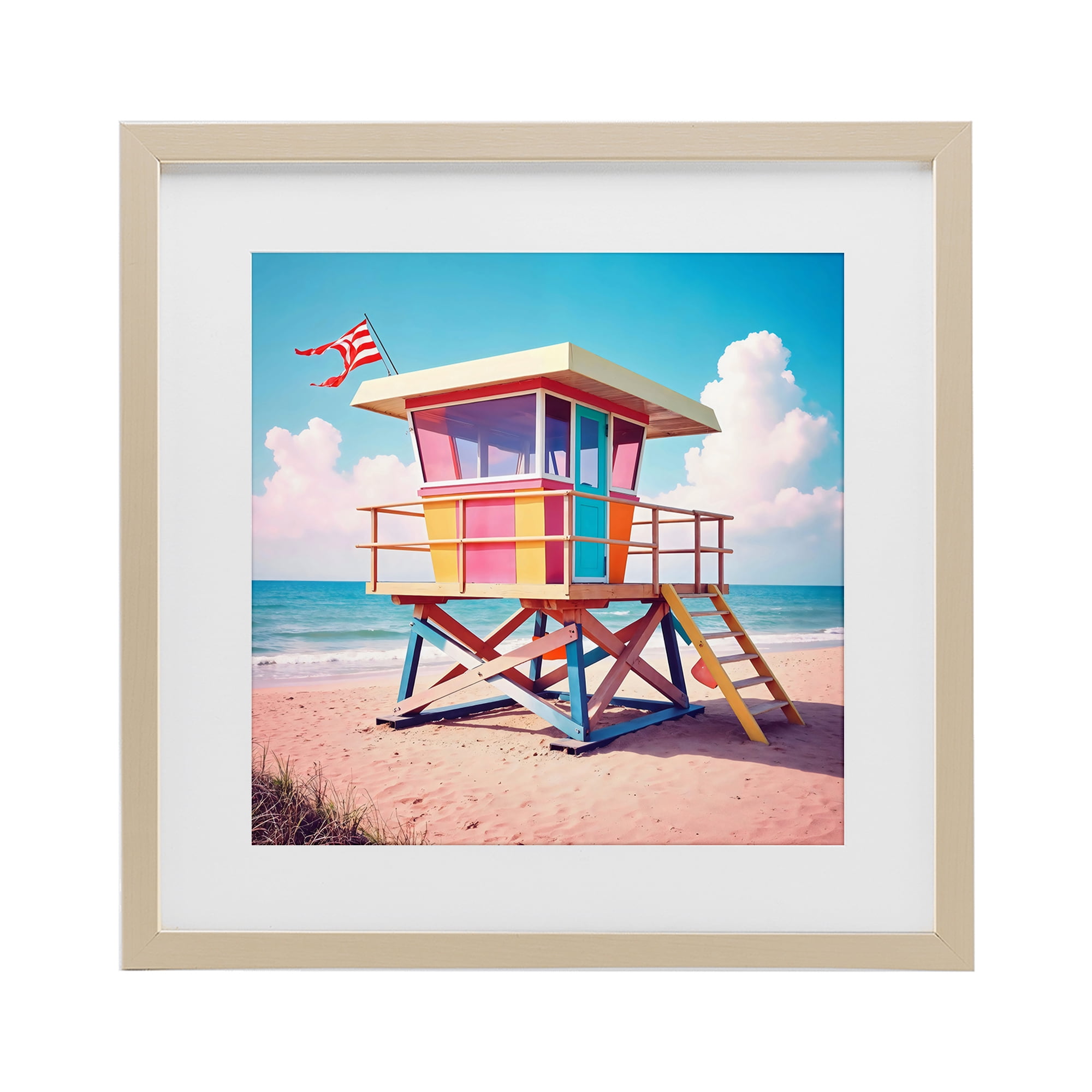 Stupell Industries Colorful Sunny Beach Tower Birch Framed Print Under Glass, design by Creative Studio