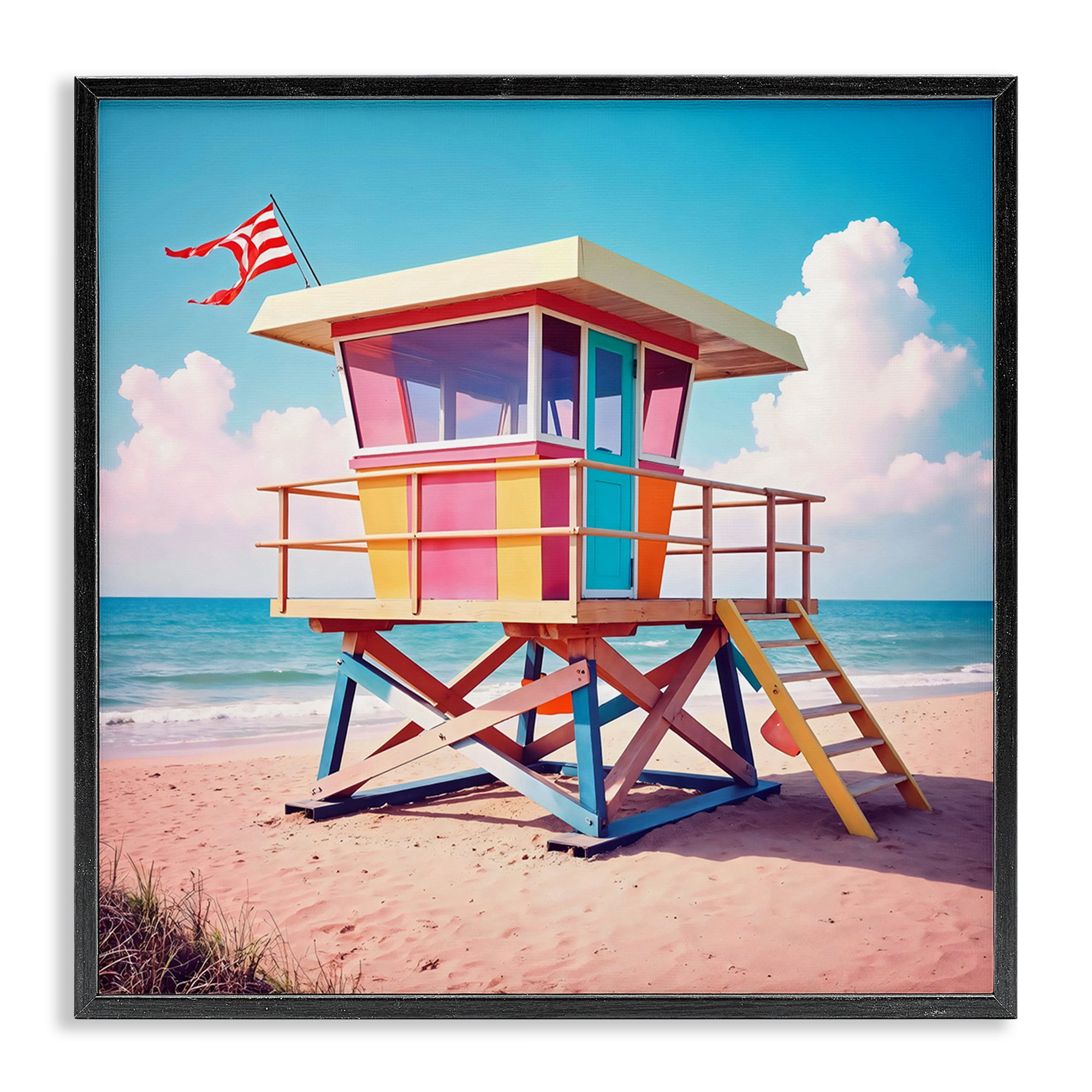 Stupell Industries Colorful Sunny Beach Tower Black Framed Giclee Art, design by Creative Studio
