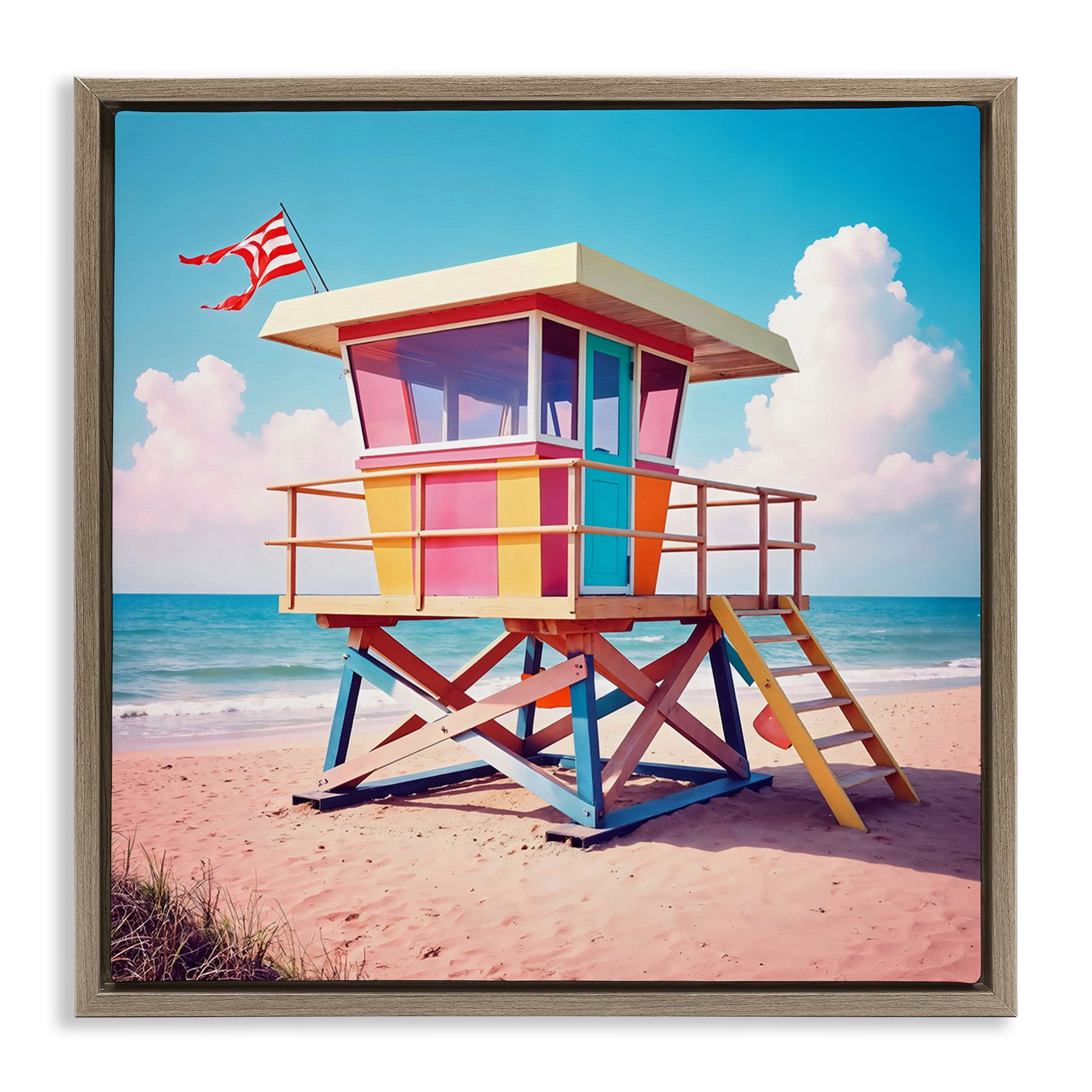 Stupell Industries Colorful Sunny Beach Tower Brown Framed Floater Canvas Wall Art, design by Creative Studio